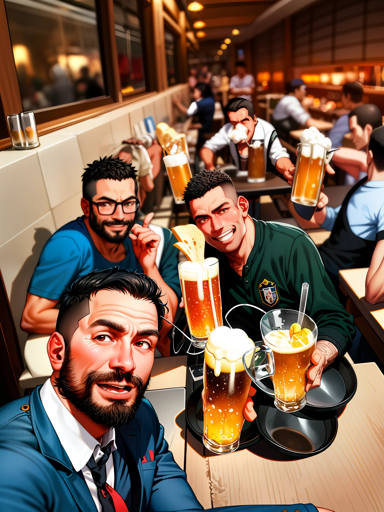 several men sitting at a table with beer and beer glasses, in sao paulo, wining, by Nándor Katona, cheers, people drinking beer, not blurry, drink, nigth, são paulo, ronaldo luis nazario da lima, profile picture, drunk, not cropped, by Luis Miranda, holding a beer!!, 3 heads, at instagram