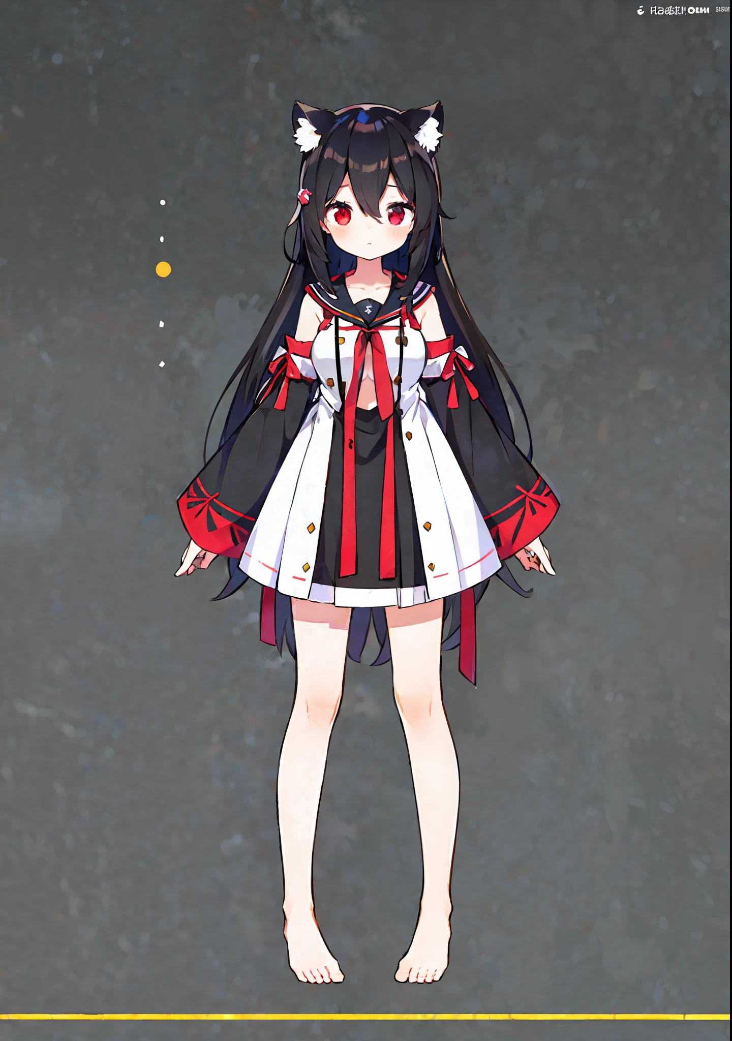 girl,cat ears ,medium boobs ,black hair ,red eyes ,long hair ,red hairpin ,messy hair,hair between eyes ,(vtuber fullbody ,standing ,bare shoulders ,sailors shirt ,bare feet ,bare legs ,wide sleeves ,long sleeves)