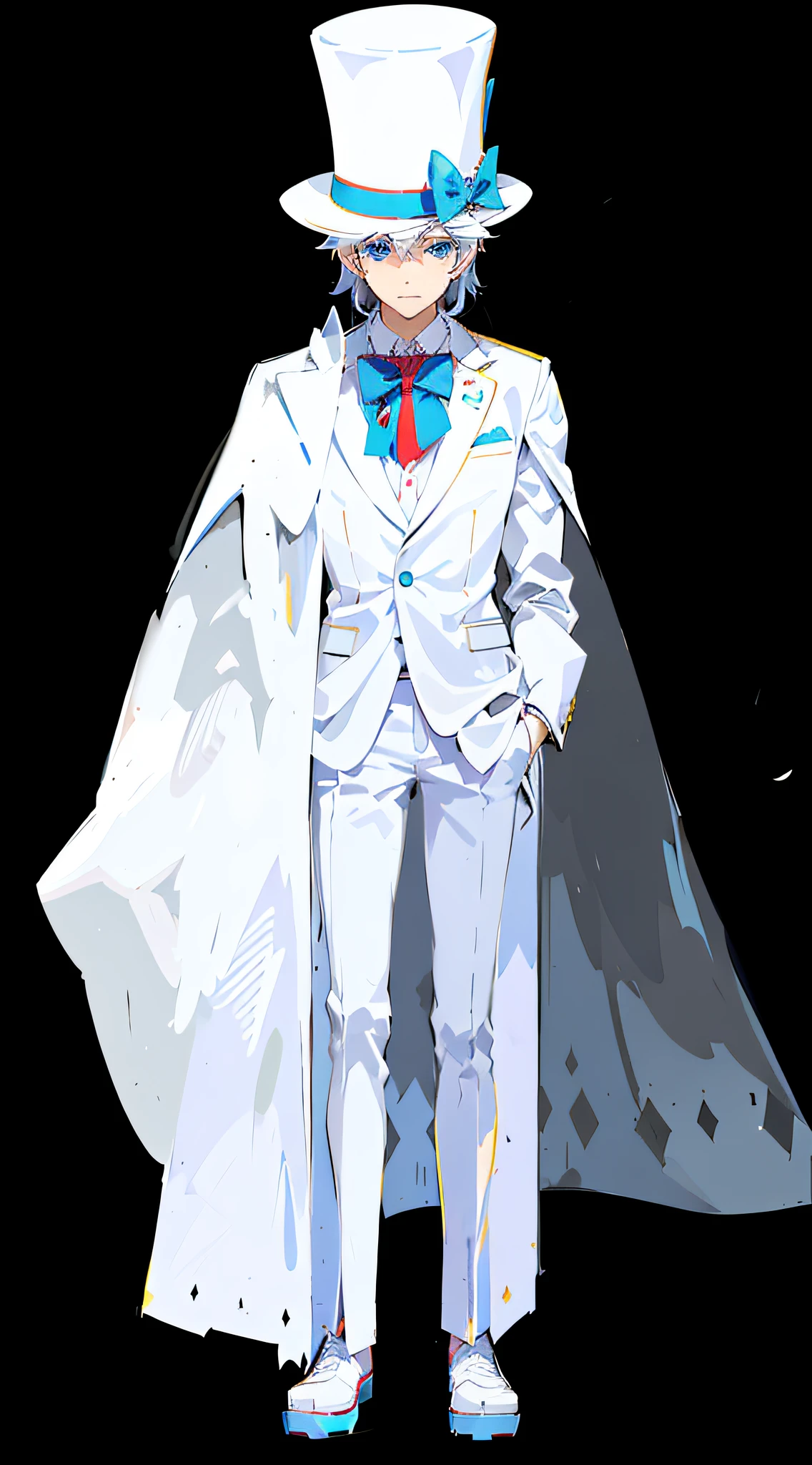 anime character dressed in white suit and hat with cape, hideaki anno anime, character full body portrait, !!full body portrait!!, fullbody portrait, tall anime guy with blue eyes, white suit, full-body character portrait, full body portrait, wearing white suit, full size persona, full body character portrait, white suit and black tie