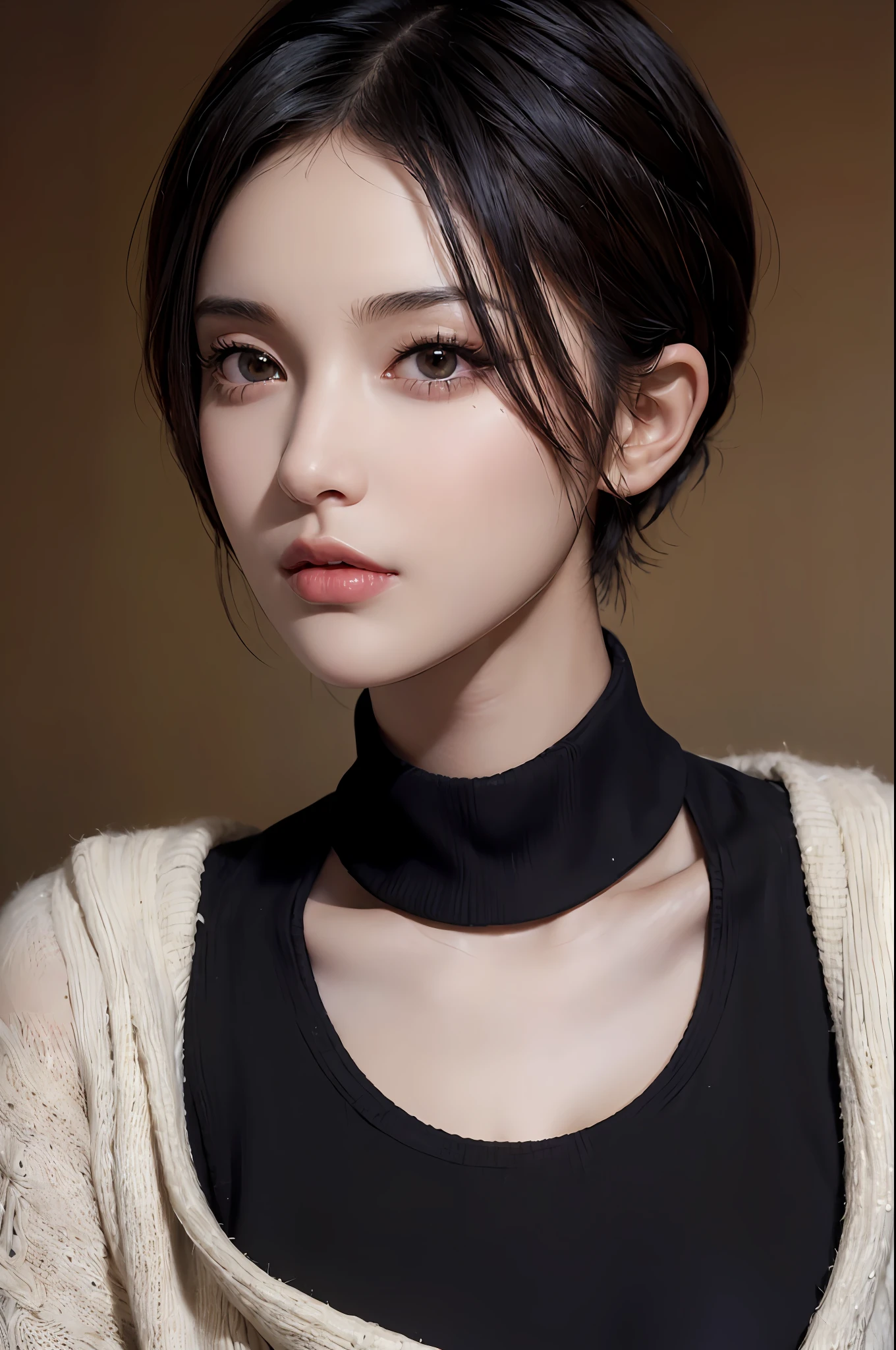 (masterpiece:1.3), (8k, photorealistic, RAW photo, best quality: 1.4), (1girl), beautiful face, (realistic face), (black hair, short hair:1.3), beautiful hairstyle, realistic eyes, beautiful detailed eyes, (realistic skin), beautiful skin, (sweater), absurdres, attractive, ultra high res, ultra realistic, highly detailed, golden ratio