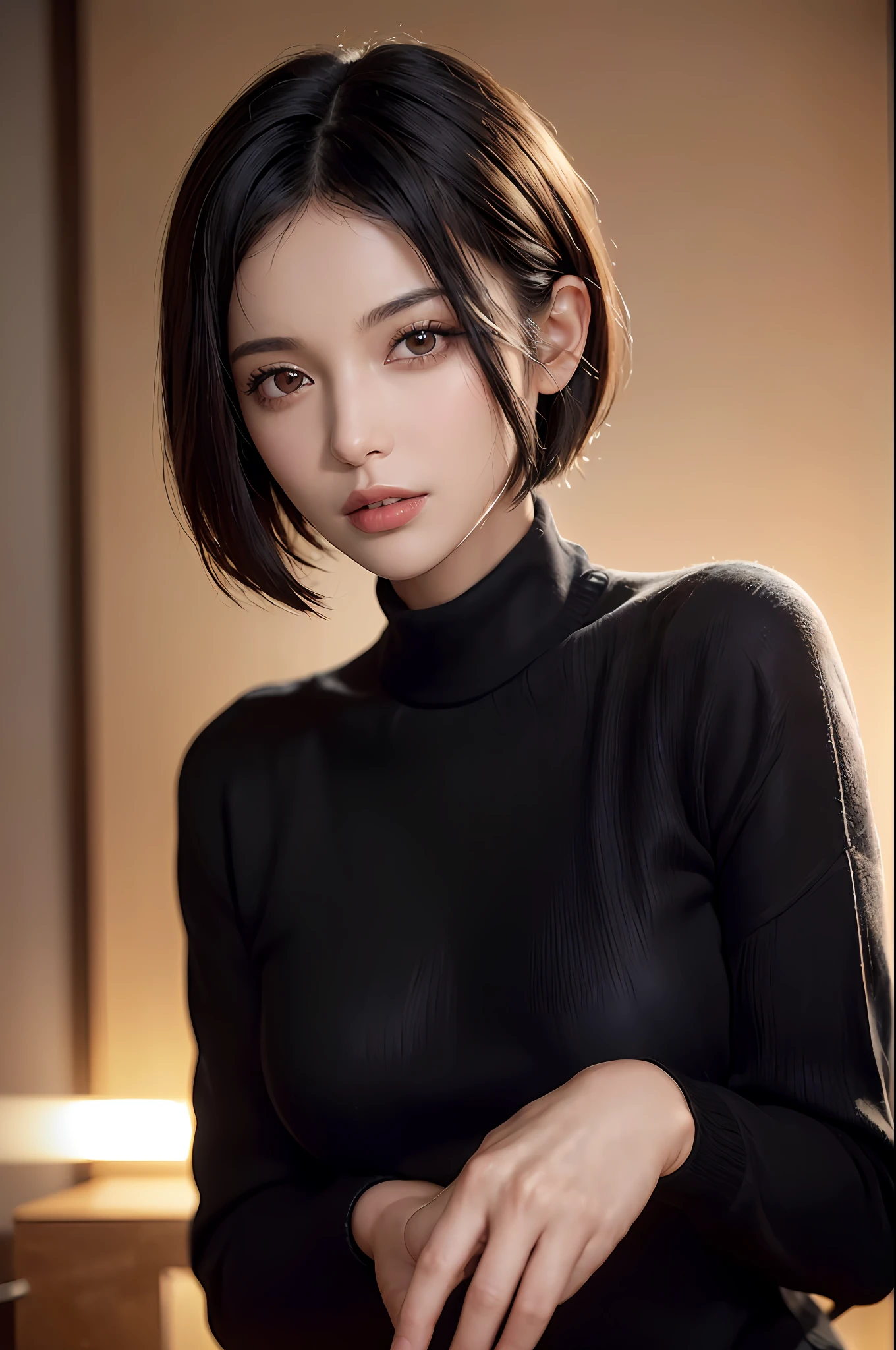(masterpiece:1.3), (8k, photorealistic, RAW photo, best quality: 1.4), (1girl), beautiful face, (realistic face), (black hair, short hair:1.3), beautiful hairstyle, realistic eyes, beautiful detailed eyes, (realistic skin), beautiful skin, (sweater), absurdres, attractive, ultra high res, ultra realistic, highly detailed, golden ratio
