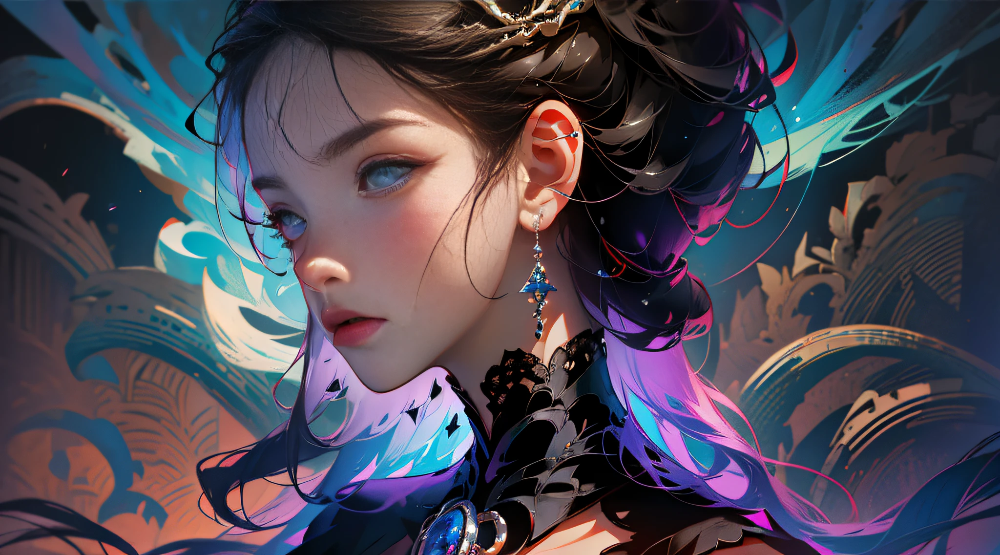 Official Art, Unity 8k wallpaper, ultra-detailed, beautiful, beautiful, masterpiece, best quality, dark, atmospheric, mystical, romantic, creepy, literature, art, fashion, victorian, decoration, intricate, ironwork, lace, contemplation, emotional depth, supernatural, 1 girl, solo, neck, bust