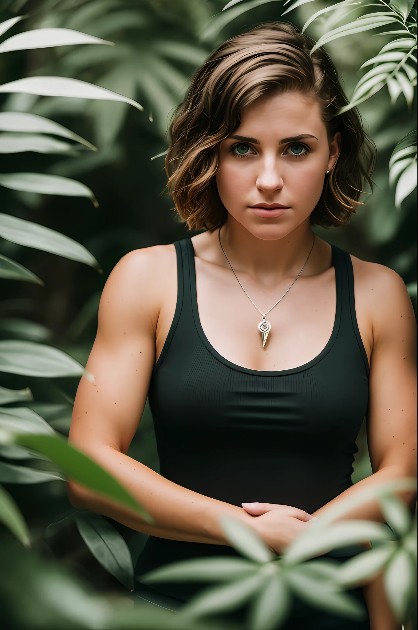 Close-up shot, 55mm Canon lens, volumetric lighting, Fujifilm XT3 lens, upper body portrait, a young white woman, muscular, very concerned facial expression, 18 years old, black tattoos, short light brown hair, short hair, straight hair, wearing a top, forest with exotic plants and flowers in the background, sunlight passing through the trees, high resolution image, Detailed texture, realistic depth of field