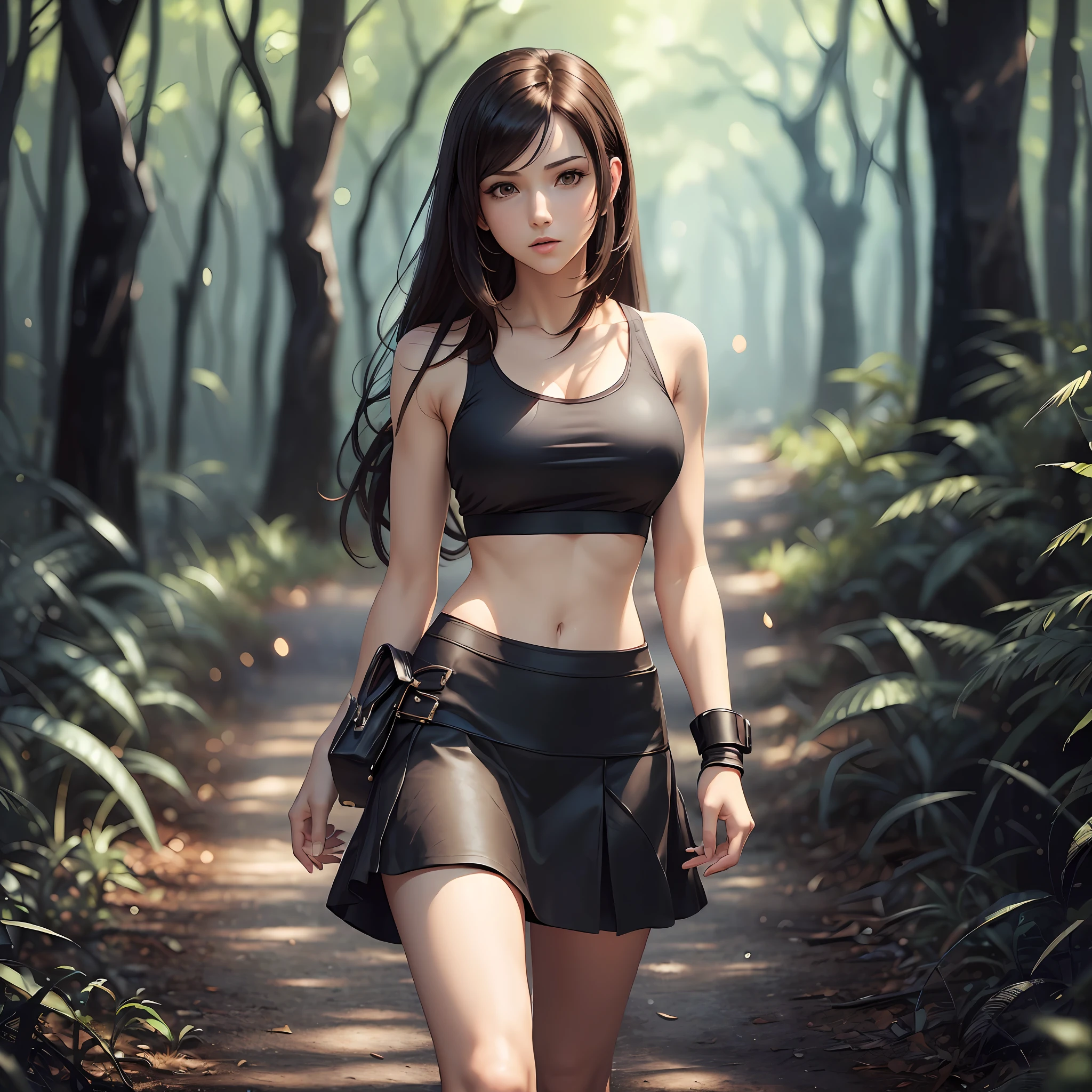 (masterpiece, best quality) 1.5, 1girl, solo, (sexy, beautiful woman, perfect face, perfect eyes), tifa lockhart, black skirt, white tank top, black sneakers, walking in the woods, (reddish brown eyes, black hair, loose hair, long hair) --auto --s2