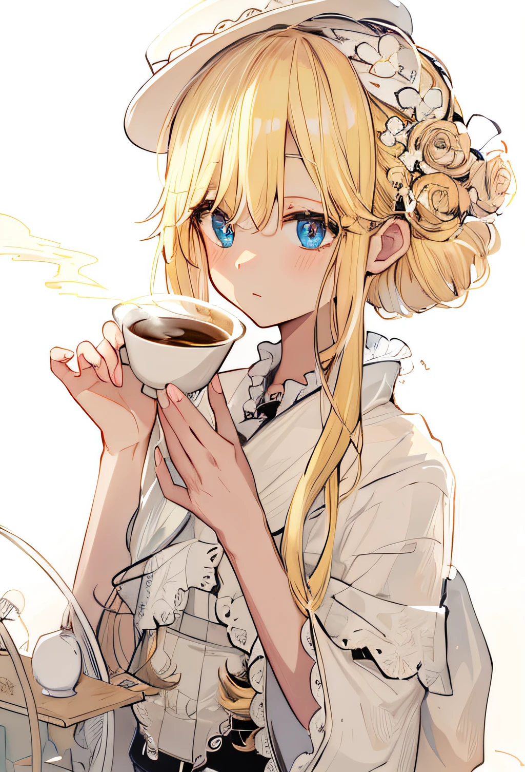high quality, cinematic lighting, anime girl, blonde hair, outdoor, park, coffee, intricate white cloth