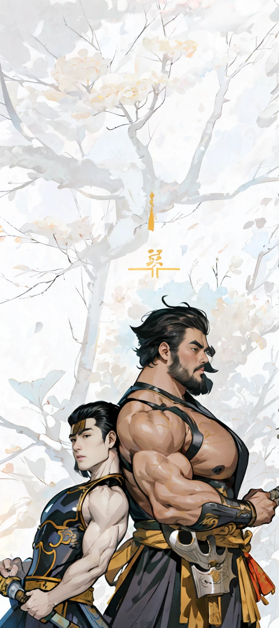 Two men stood back to back, the upper body was bare, the lower body was wearing Tang Dynasty armor rags, poor body shape, Chinese style, surreal, ultra-detailed portrayal, natural lighting, golden armor, flesh, fat, fleshy, strong bear, immature face