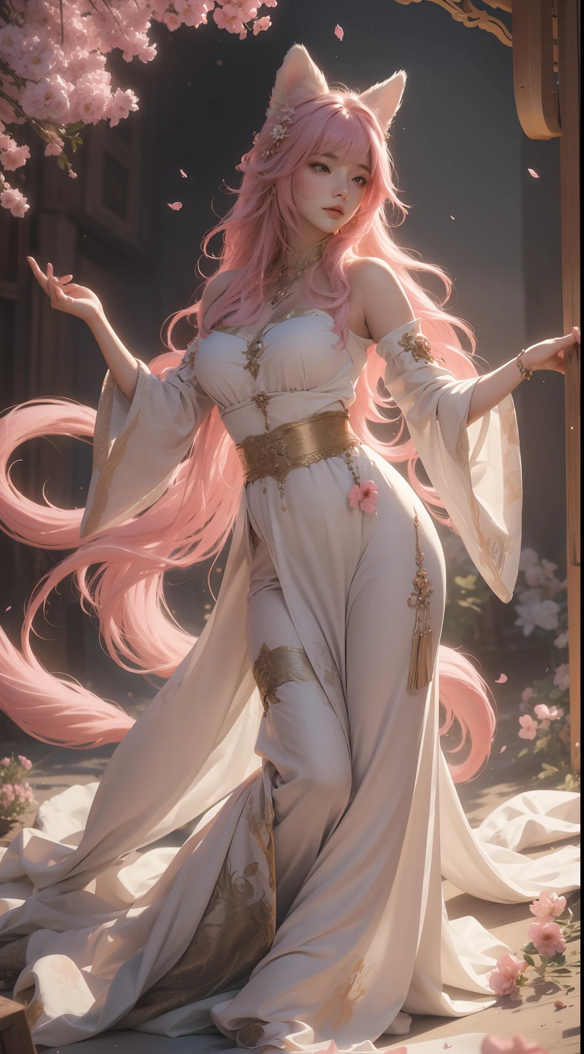 Master masterpiece, the best picture quality, realistic to stunning (realism 1.4), (((a breathtakingly beautiful girl))), superb figure, slightly fat, with pink hair, delicate facial features, charming shoulders, long skirt in ancient costume, vivid drawing angle, flowers, petals, furry nine-tailed fox, extremely detailed details, immersion in it.