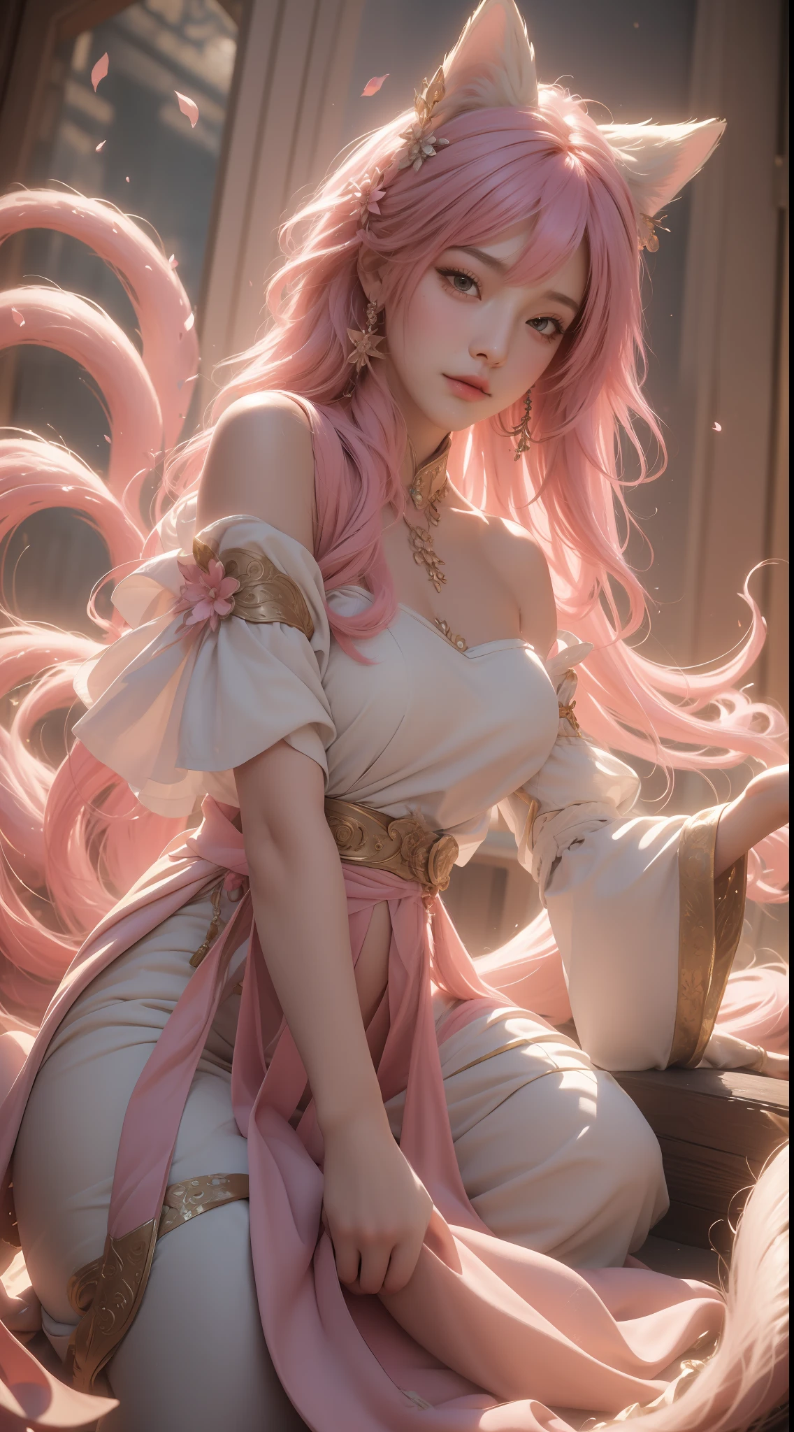 Master masterpiece, the best picture quality, realistic to stunning (realism 1.4), (((a breathtakingly beautiful girl))), superb figure, slightly fat, with pink hair, delicate facial features, charming shoulders, long skirt in ancient costume, vivid drawing angle, flowers, petals, furry nine-tailed fox, extremely detailed details, immersion in it.