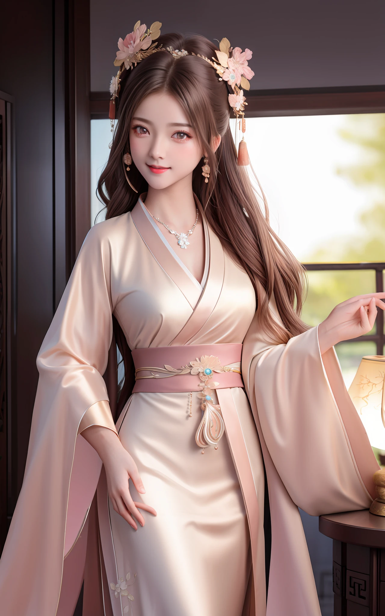 Superb Quality, Masterpiece, High Resolution, 1Girl, Blush, (Seductive Smile: 0.8), Star Eyes, Chinese Hanfu, Hair Accessories, Necklaces, Jewelry, Beauty, on_body, Tyndall Effect, Realistic, Shadow Room, Light Edge, Two-tone Lighting, (High Detail Skin: 1.2), 8K UHD, SLR, Soft Light, High Quality, Volume Lighting, Candid Photo, High Resolution, 4K, 8K, Background Blur, Realistic