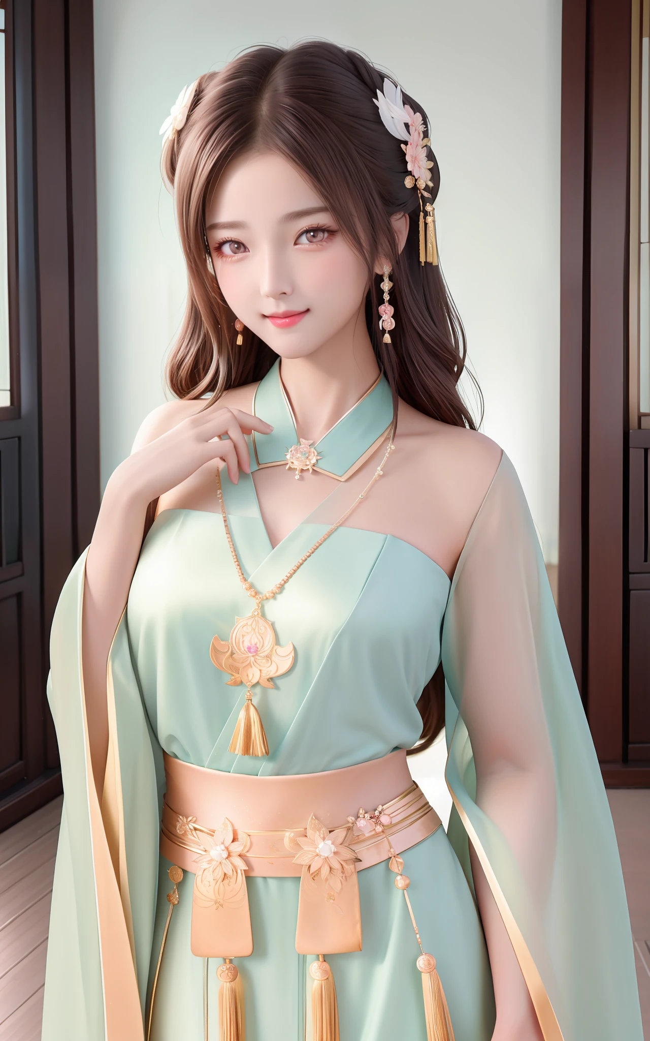 Superb Quality, Masterpiece, High Resolution, 1Girl, Blush, (Seductive Smile: 0.8), Star Eyes, Chinese Hanfu, Hair Accessories, Necklaces, Jewelry, Beauty, on_body, Tyndall Effect, Realistic, Shadow Room, Light Edge, Two-tone Lighting, (High Detail Skin: 1.2), 8K UHD, SLR, Soft Light, High Quality, Volume Lighting, Candid Photo, High Resolution, 4K, 8K, Background Blur, Realistic