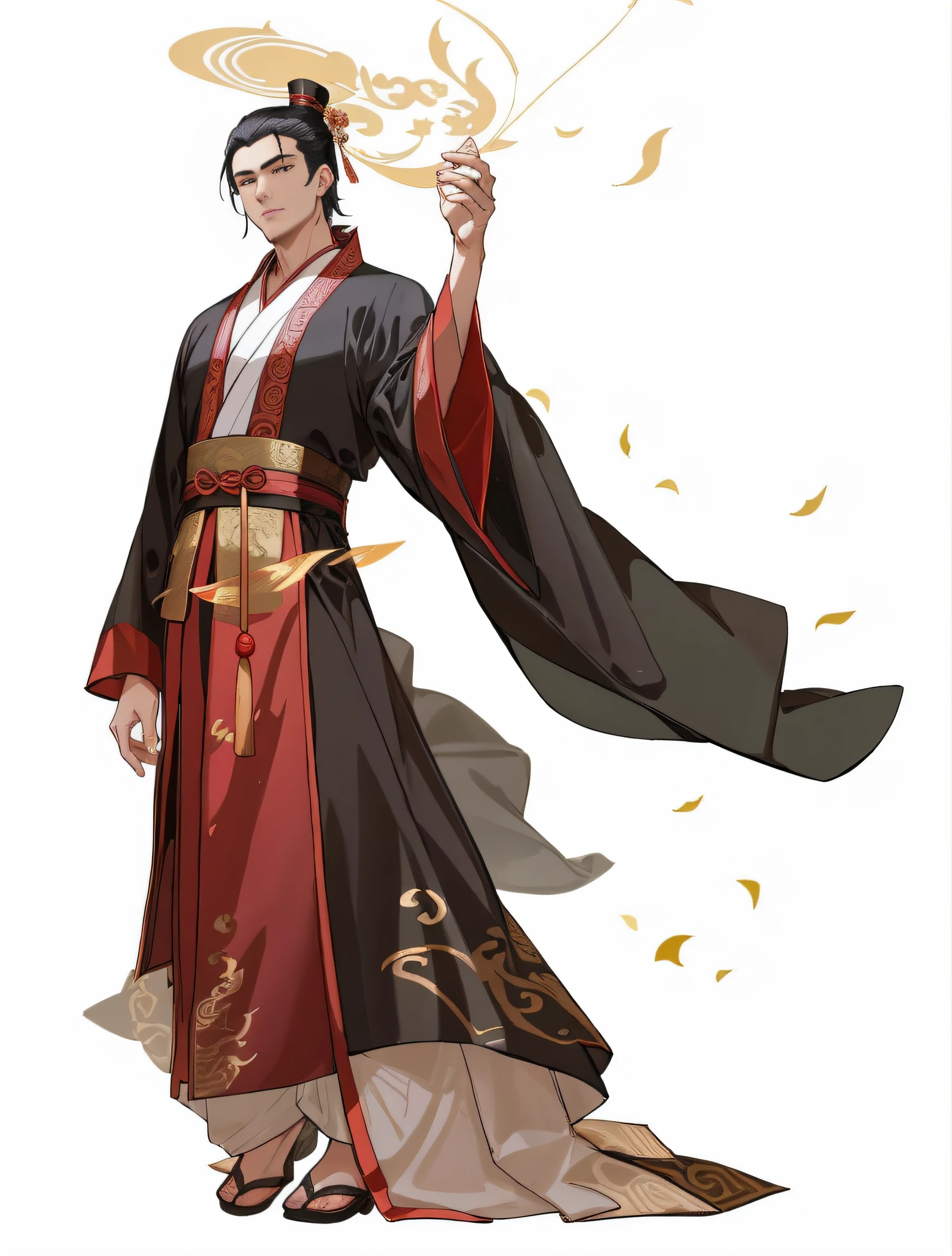 A man in a black robe and hat, gorgeous clothes, dragon robe, ancient Chinese emperor, full body fairy tale, ancient dynasty emperor, court, boy in Hanfu, character design, masterpiece, perfect, delicate hand, perfect hand, eyes looking at the camera, very fine, 4k quality