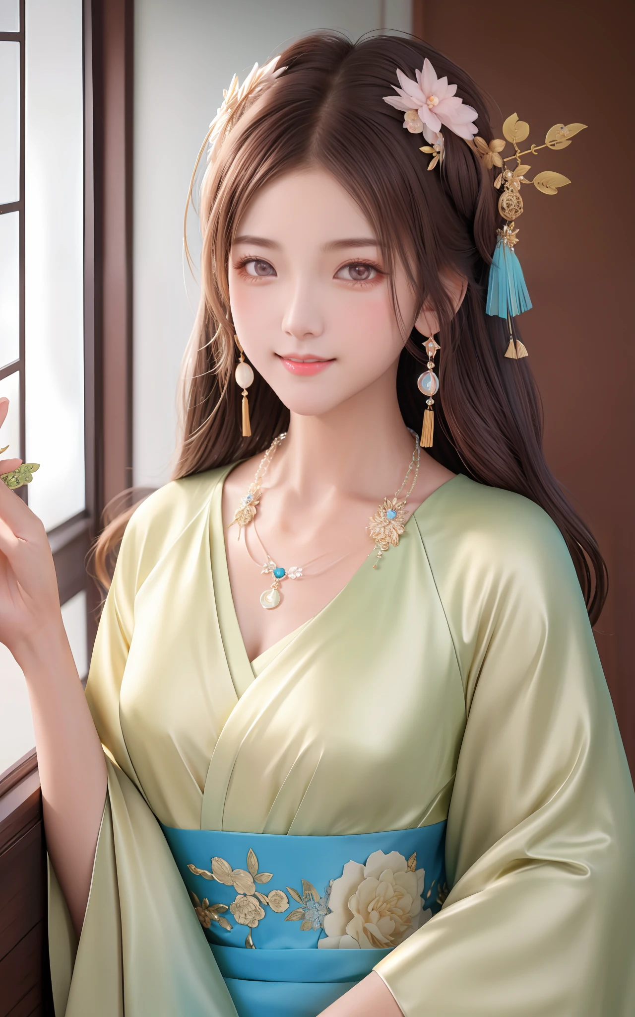 Superb Quality, Masterpiece, High Resolution, 1Girl, Blush, (Seductive Smile: 0.8), Star Eyes, Chinese Hanfu, Hair Accessories, Necklaces, Jewelry, Beauty, on_body, Tyndall Effect, Realistic, Shadow Room, Light Edge, Two-tone Lighting, (High Detail Skin: 1.2), 8K UHD, SLR, Soft Light, High Quality, Volume Lighting, Candid Photo, High Resolution, 4K, 8K, Background Blur, Realistic