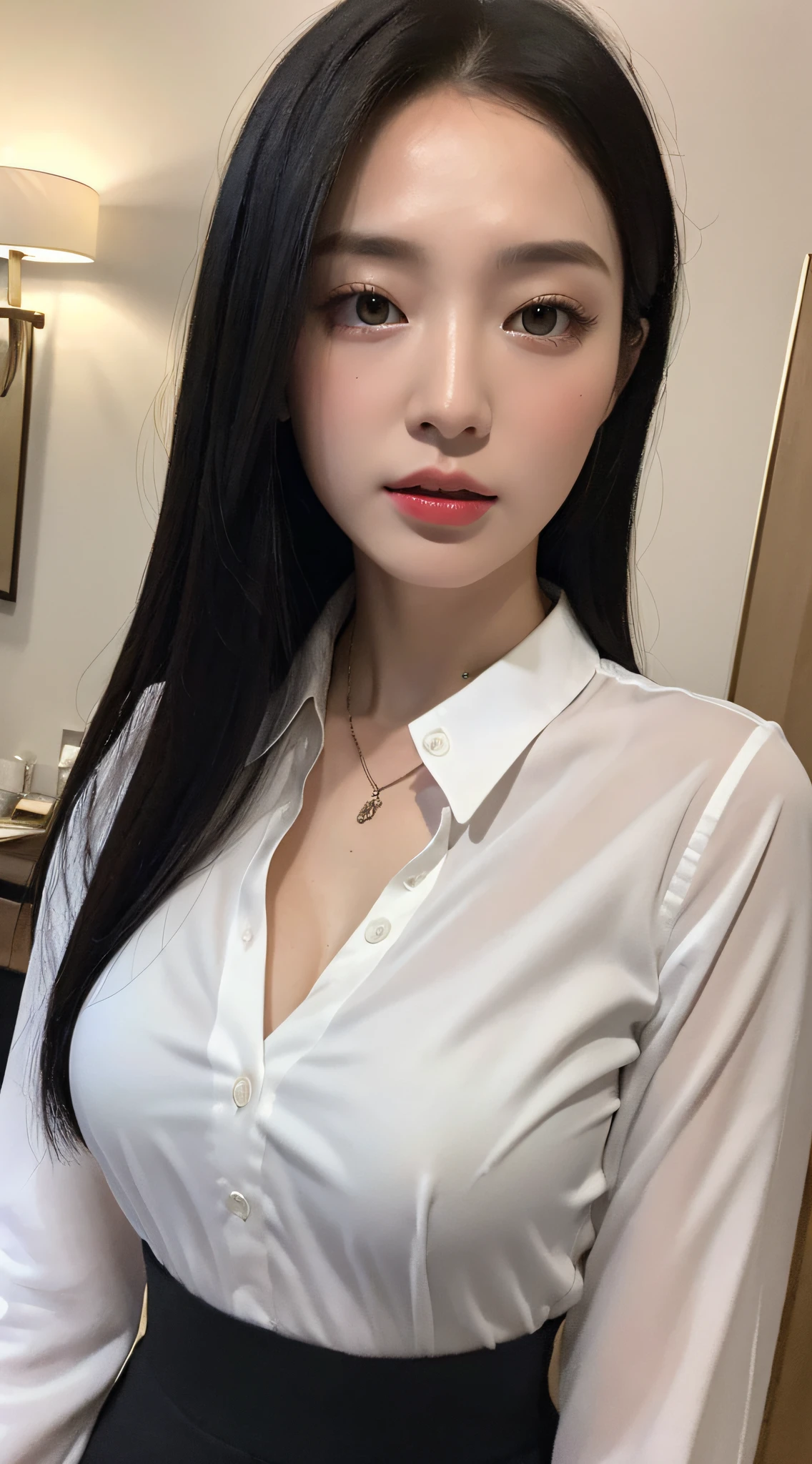 (Realistic lighting, Best quality, 8K, Masterpiece: 1.3)), Clear focus: 1.2, 1girl, Perfect Figure: 1.4, Slim Abs: 1.1, (Black hair)), (White collar wear: 1.4), Hotel, Super fine face, Fine eyes, Double eyelids, Big breasts, Full body shot