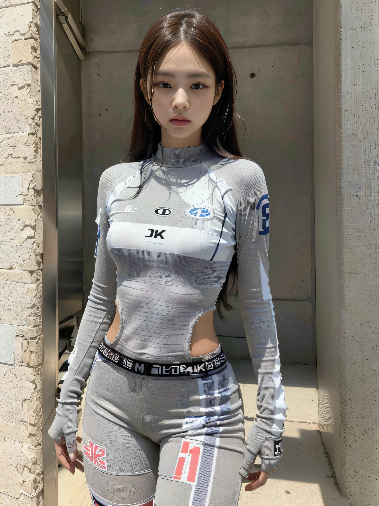 (1girl:1.3), Solo, __body-parts__, Kim Ji-ni Jennie face, wearing trendy brand, football uniform, bare waist, sexy, world-weary face, cold eyes, Korean style photo photos, photographic lighting, strong contrast, sunlight on the face, world-weary face, high-end, cold eyes, feminine, background cement gray, 8k resolution image, intricate symmetry details. The whole picture goes forward, mainly a woman standing all over her body, with smooth movements and a complete picture.