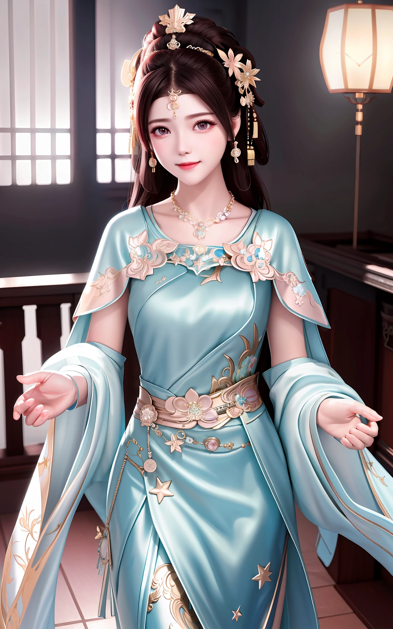 Superb Quality, Masterpiece, High Resolution, 1Girl, Blush, (Seductive Smile: 0.8), Star Eyes, Chinese Hanfu, Hair Accessories, Necklaces, Jewelry, Beauty, on_body, Tyndall Effect, Realistic, Shadow Room, Light Edge, Two-tone Lighting, (High Detail Skin: 1.2), 8K UHD, SLR, Soft Light, High Quality, Volume Lighting, Candid Photo, High Resolution, 4K, 8K, Background Blur, Realistic