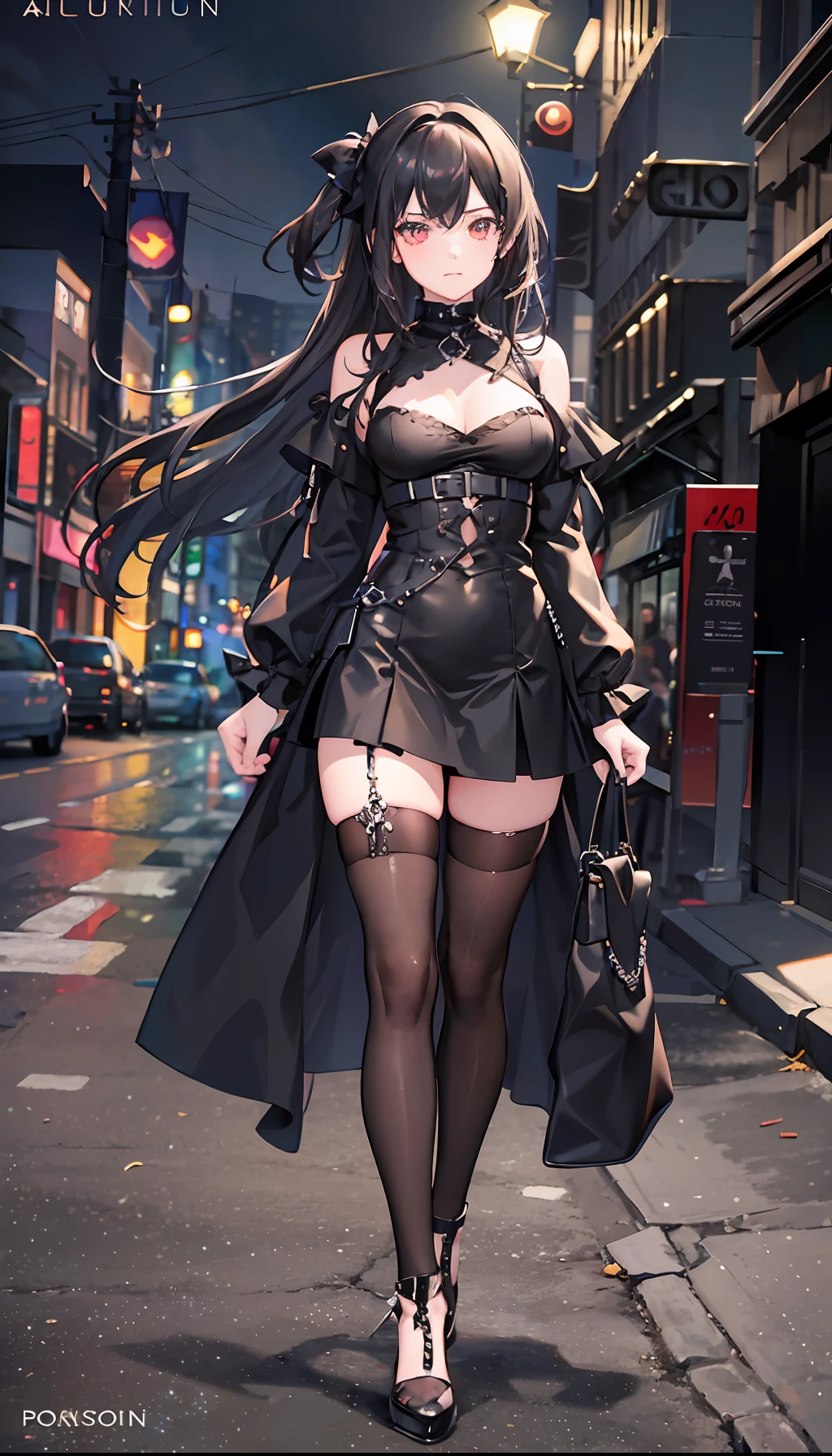Gothic girl, dressed in tight black clothes, full body photo, walking in street at night, with full moon --auto --s2