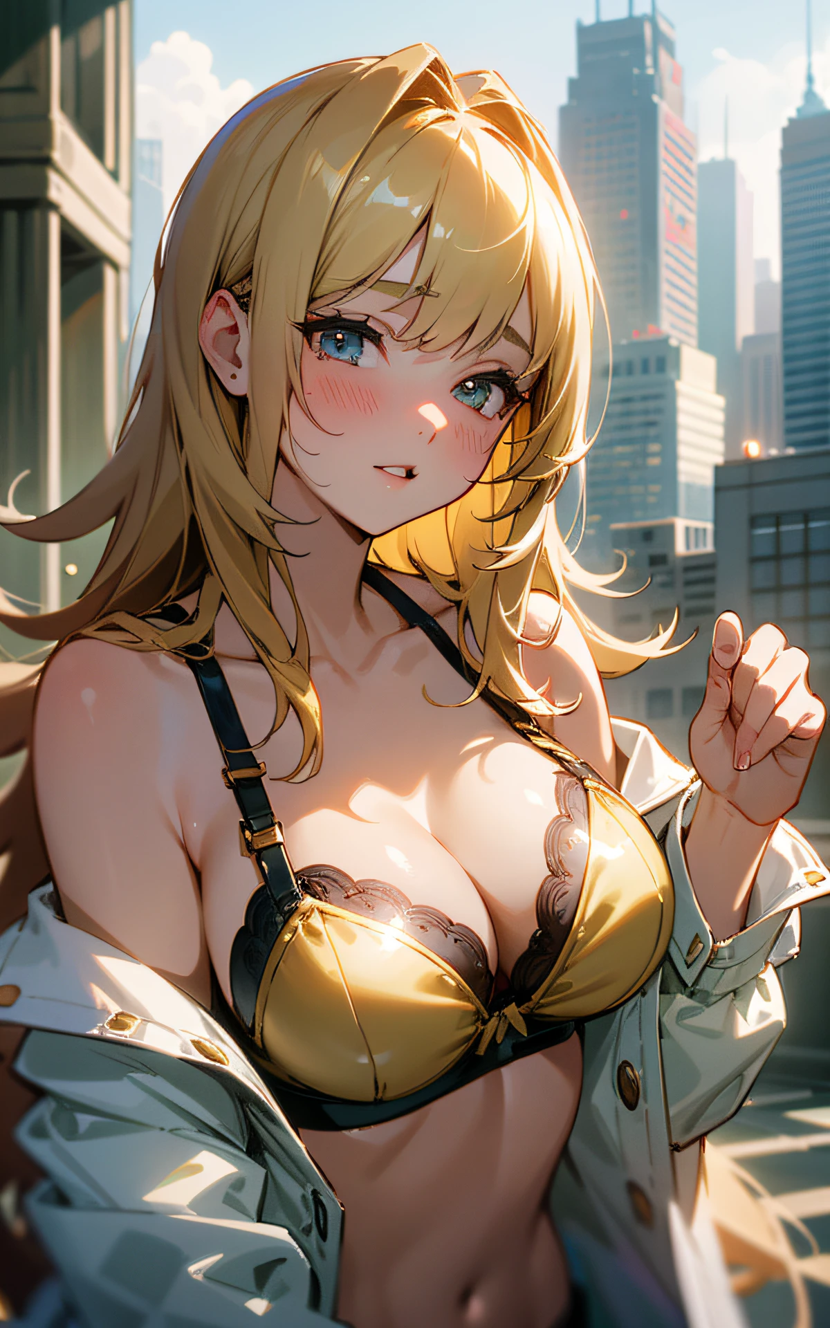 (Original Character、Unity 16K Wallpaper, Masterpiece, Best Quality, Ultra-Detailed, Extremely Detailed, Caustics, Cinematic Lighting, Detailed, Beautiful Detailed Eyes), Ultra High Resolution, fine skin, (busy city、strong light,30 years old,Slut,flasher、blush、showing sexy bra,bust up)、(brighten the subject、undressing,open clothes),casual、cleavage、gold hair