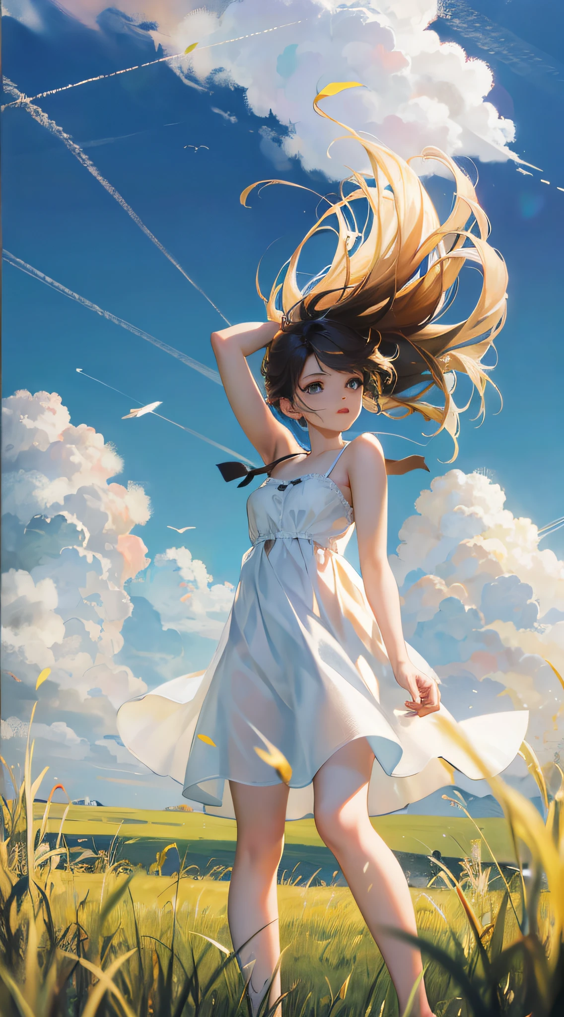 meadow, blue sky, white cumulonimbus, contrails, shining sun, meadow grass swaying in the wind, photo quality, live action, reality, transparency, realistic depiction, 8K quality, UHD, DSLR, high quality, film grain, fujifilm XT3, girl in white camisole dress, standing figure, barefoot, hair swaying in the wind, hair up to shoulders, big, big eyes,