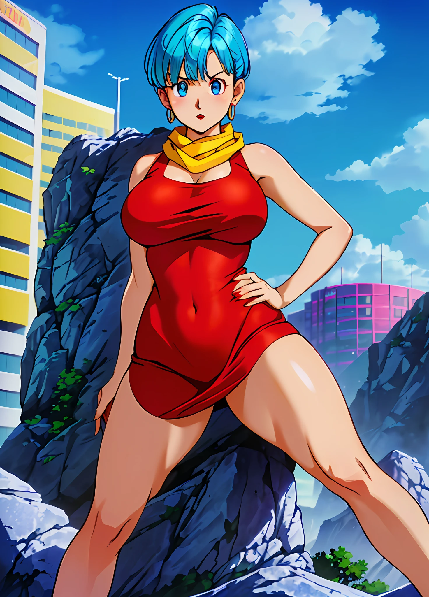 masterpiece, best quality, highest quality, (perfect lighting), (photorealistic), perfect anatomy, perfect face, perfect eyes, 
 bulmadbzreddress, aquamarine hair, short hair, blue eyes, earrings, red dress, yellow scarf, blue sky, clouds, on a cliff looking at a city, (BishoujoMom: 1.5), very tight red dress, legs that open, ((huge breasts, cleavage))), ((thick thighs, hourglass figure)), (topless), 1.5) ((thick red lips), ((blue eyes)), ((aquamarine hair)) photorealistic, photo, masterpiece, realistic, realism,  photorealism, photorealism, high contrast, photorealistic digital art trend on Artstation 8k HD HD realistic detailed, detailed, skin texture, hyper detailed, realistic skin texture, best quality, ultra high resolution (photorealistic: 1.4), high resolution, detailed, raw photo, sharp re, by Lee Jeffries nikon d850 film stock photography 4 Kodak Portra 400 camera F1.6 lens rich colors realistic texture hyper-realistic dramatic lighting unrealEngine trend in ArtStation CineStill 800,