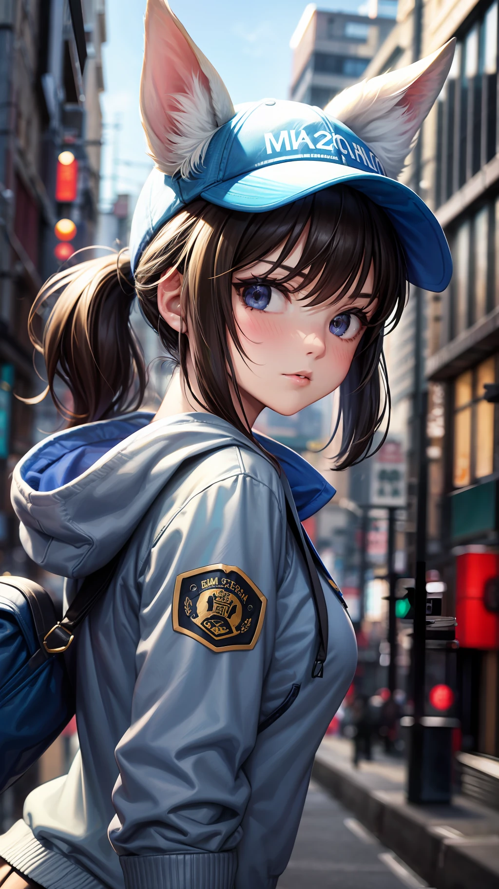 1girl, animal ears, rabbit ears, straight-on, upper body, looking at viewer, brown hair, ponytail,  expressionless, badge, bangs, blue baseball cap, detailed eyes, clothes writing, white clothes, hood, hood down, standing, long sleeves, closed mouth, (blue skirt:1.05), solo, (light blush:0.9), bare tree, building, city, cityscape, day, outdoors,  street, tokyo \(city\), tree --auto --s2