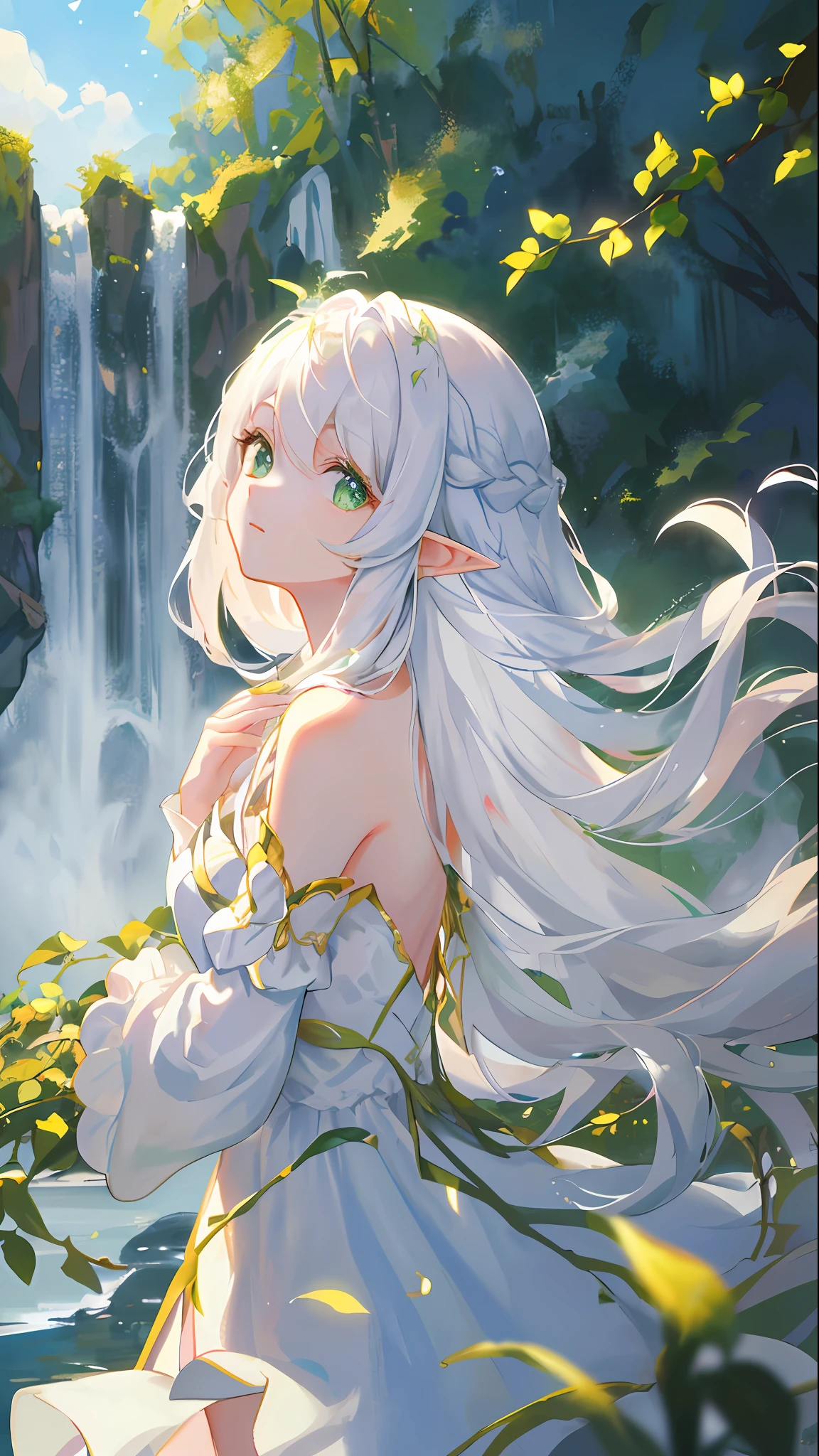 masterpiece, superb painting, illustration, 1 girl, cute, (dynamic light: 1.2), cinematic light, delicate facial features, (beautiful eyes: 1.2), (bright green eyes: 1.233), waterfall braid, extra long white hair, elf ears, depth of field, background bokeh, clear focus, (super detailed, halo, glow: 1.4), long white hair, beautiful girly face, fair, medium, (bare shoulders: 1.1), (nude: 1.1), dress, trimmed white, delicate gorgeous, (slit sleeves, wide sleeves)