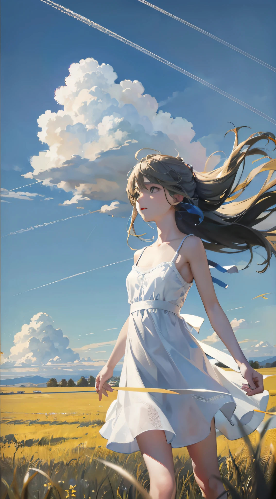 meadow, blue sky, white cumulonimbus, contrails, shining sun, meadow grass swaying in the wind, photo quality, live action, reality, transparency, realistic depiction, 8K quality, UHD, DSLR, high quality, film grain, fujifilm XT3, girl in white camisole dress, standing figure, barefoot, hair swaying in the wind, hair up to shoulders, big, big eyes,