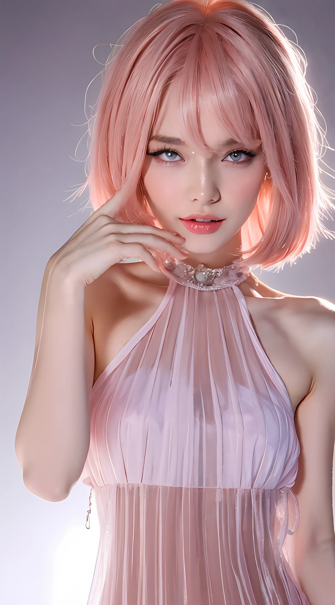 ((top quality, 8k, masterpiece: 1.3)), focus: 1.2, cute girl one, perfect body beauty: 1.4, buttocks: 1.2, (((layered haircut, small: 1.2)), ((transparent dress: 1.2))), highly detailed face and skin texture, detailed eyes, double eyelids, skin lightening, pink hair, aroused