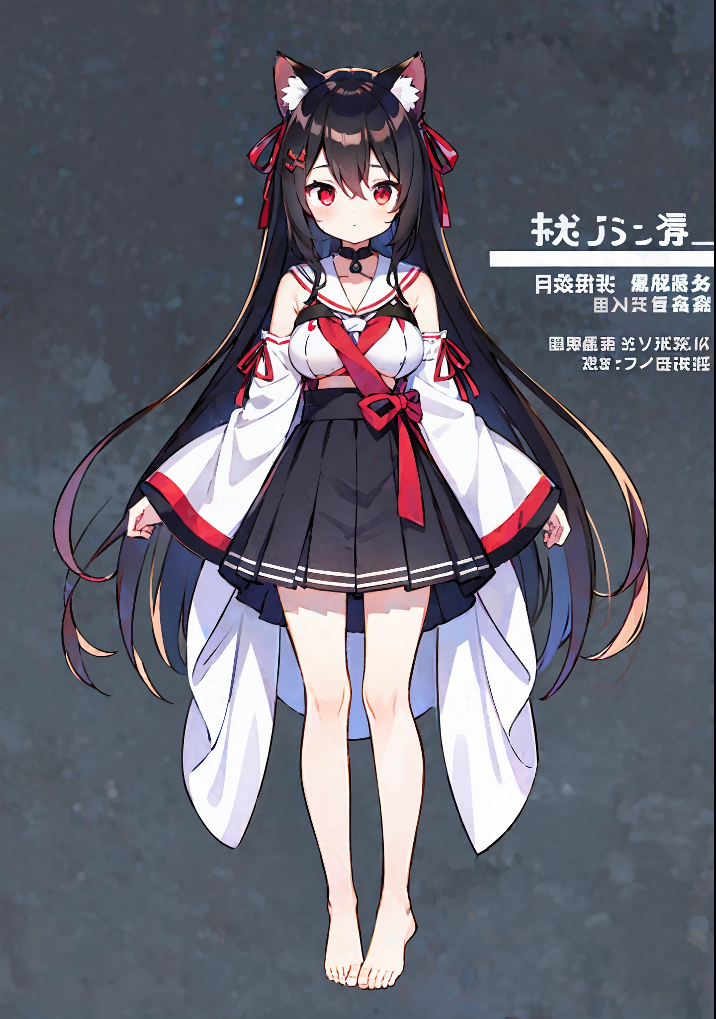 girl,cat ears ,medium boobs ,black hair ,red eyes ,long hair ,red hairpin ,messy hair,hair between eyes ,(vtuber fullbody ,standing ,bare shoulders ,sailors shirt ,bare feet ,bare legs ,wide sleeves ,long sleeves)