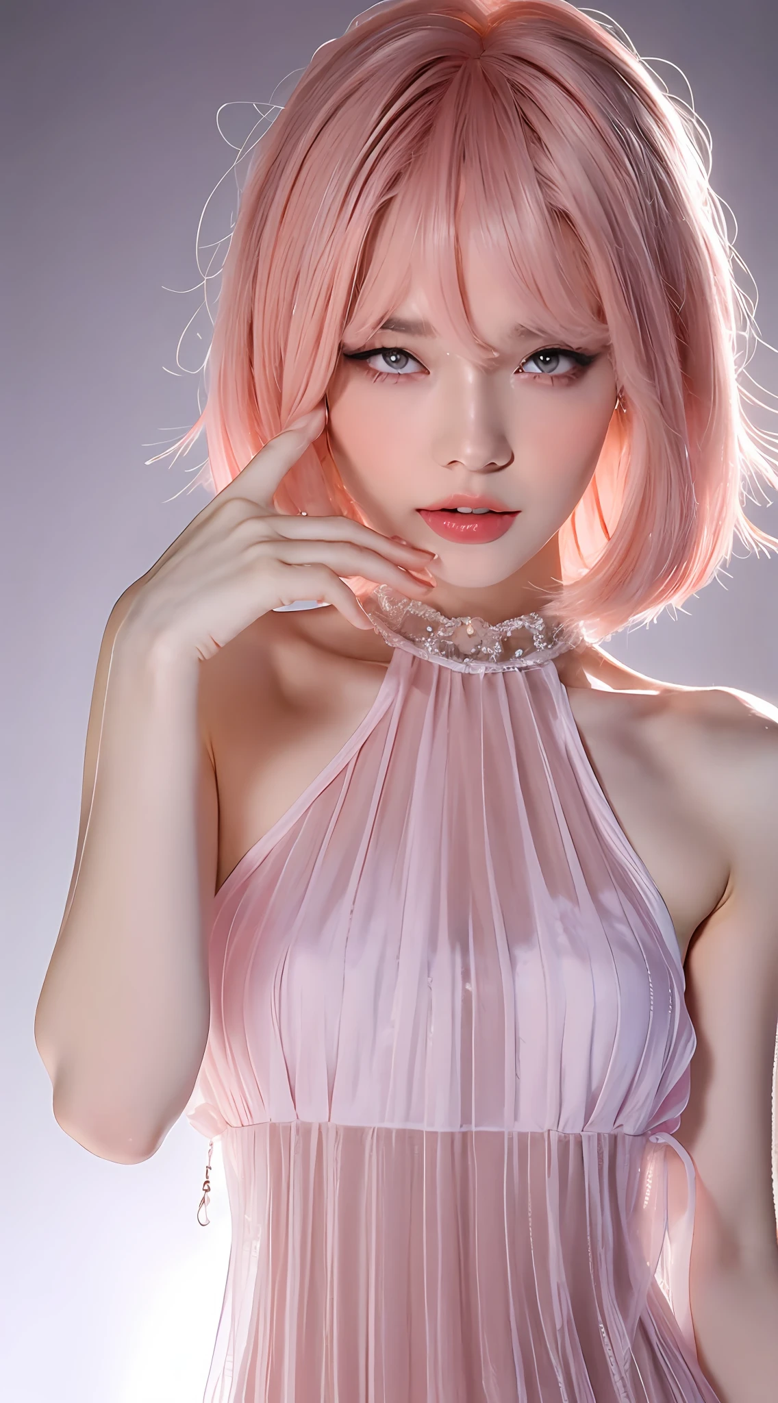 ((top quality, 8k, masterpiece: 1.3)), focus: 1.2, cute girl one, perfect body beauty: 1.4, buttocks: 1.2, (((layered haircut, small: 1.2)), ((transparent dress: 1.2))), highly detailed face and skin texture, detailed eyes, double eyelids, skin lightening, pink hair, aroused