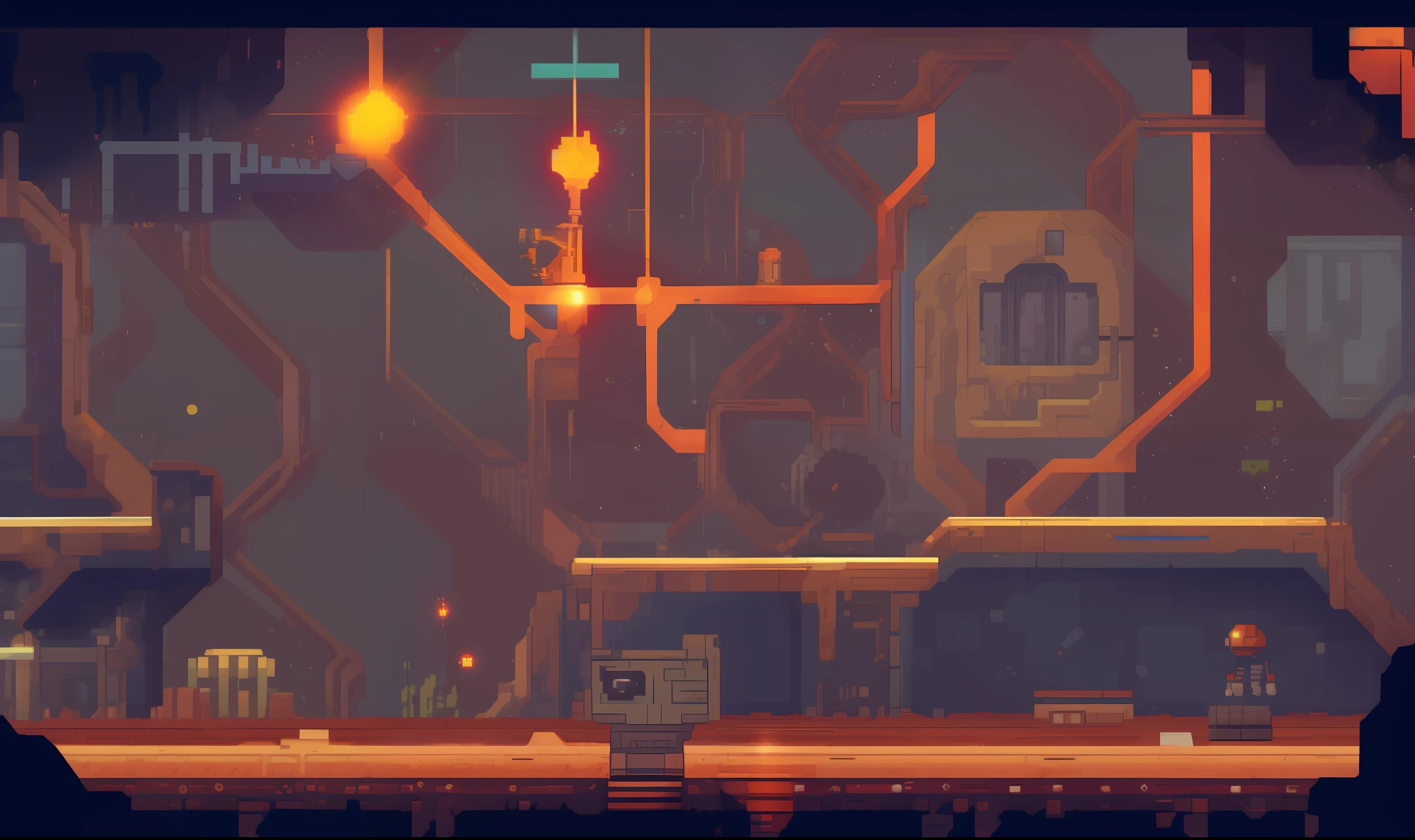 pixelart video game environment, Create an image of an abandoned space station, with broken systems, flickering lights, and a sense of danger. Show the wreckage, the abandoned rooms, and the unknown threats that linger.
