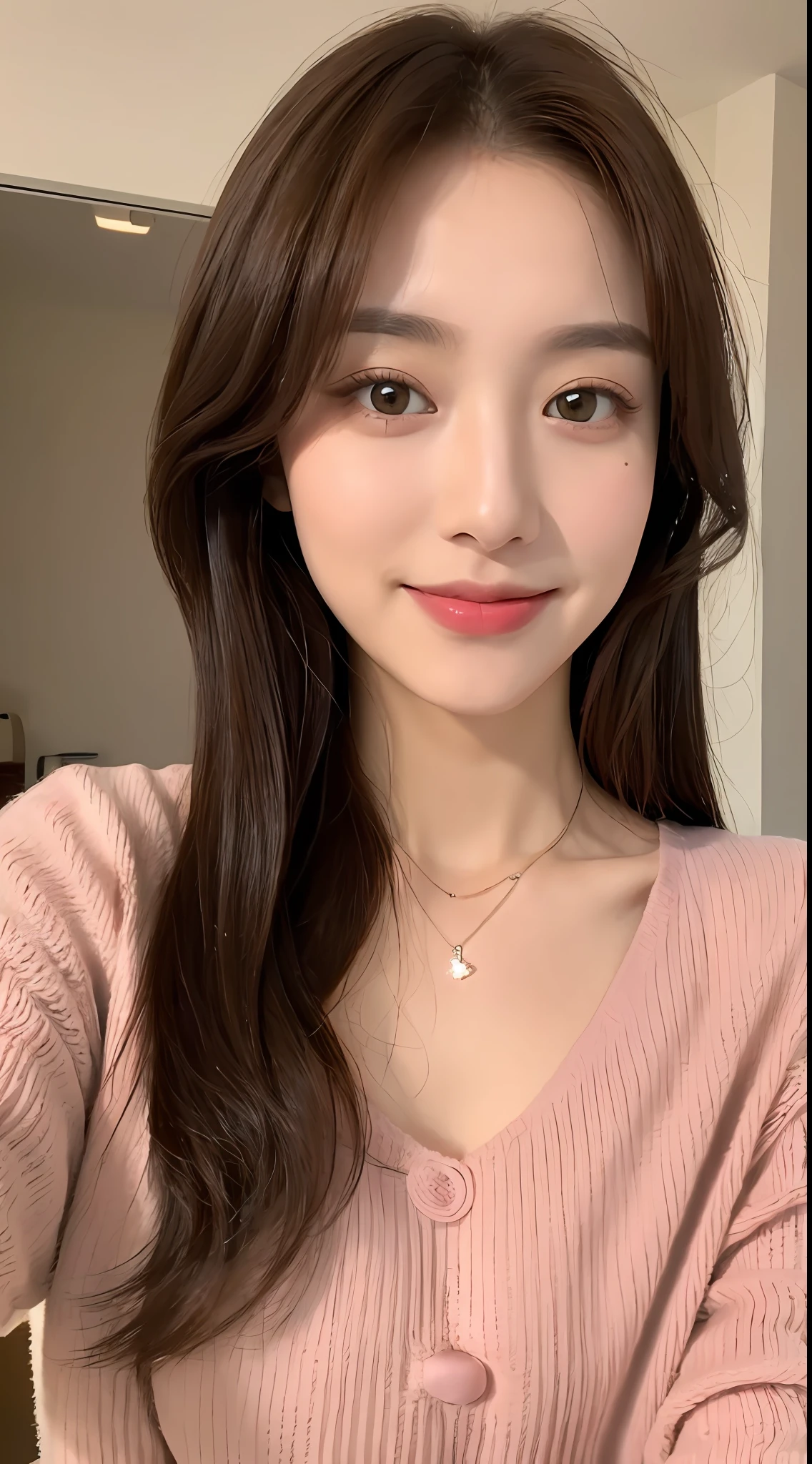 ((Night, Realistic Light, Best Quality, 8K, Masterpiece: 1.3)), 1girl, Slim Beauty: 1.4, Abs: 1.1, (Brown hair, Medium breasts: 1.3), Long pink sweater: 1.1, Bathroom, Super fine face, Delicate eyes, Double eyelids, smile, necklace