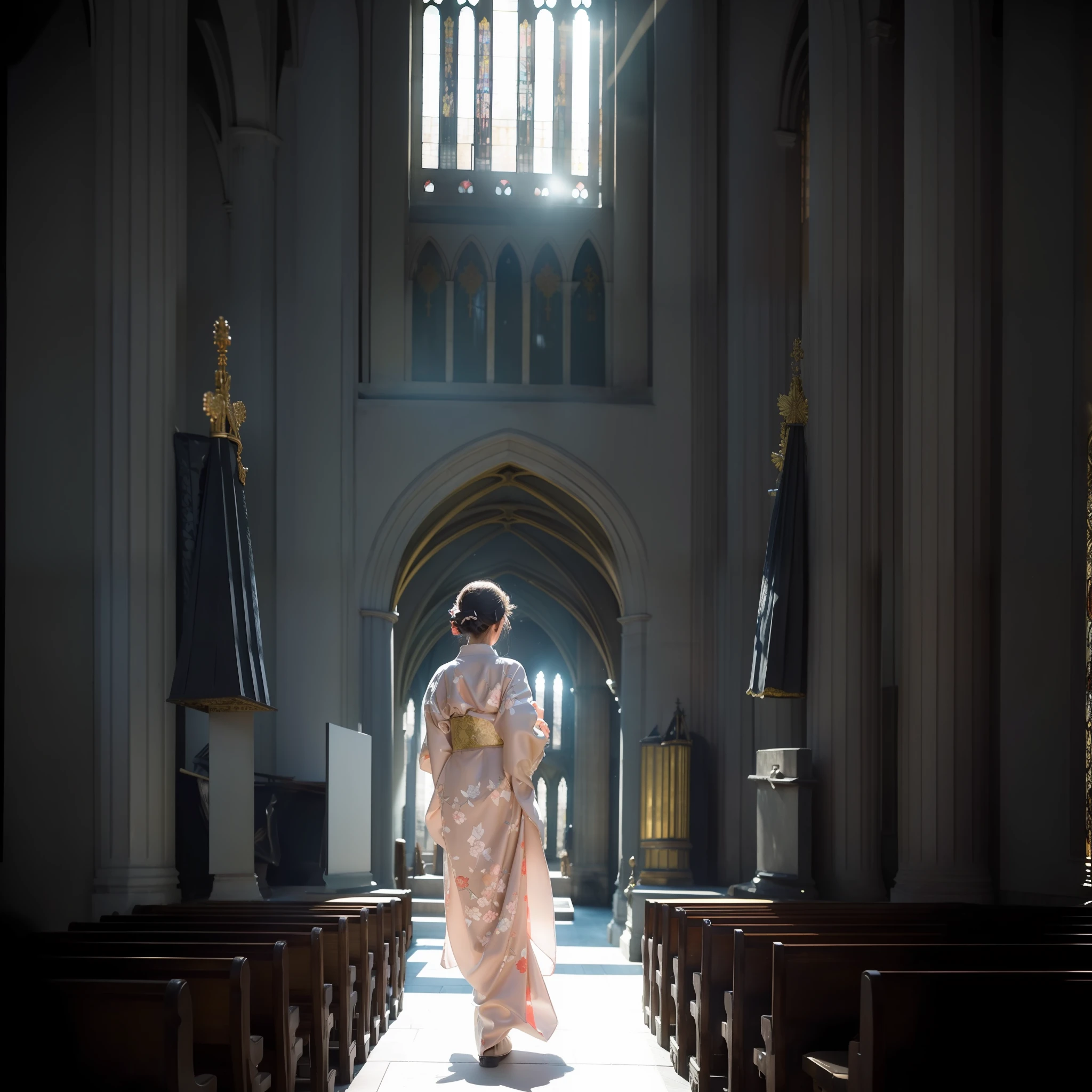 Against the backdrop of an abandoned cathedral with an exit flanked by two pillars topped by pinecones, a beautiful teenage slender girl in a traditional Japan kimono walks inside the rather dark church of Notre Dame Cathedral in ruined Paris. She has her back to me and I can't see her face. The floor beneath her feet shines beautifully reflecting the afternoon light. Her shadow stretches towards us. She is heading for the exit. Her garments shine beautifully in the afternoon light shining through the church's skylight. The kimono is translucent and transmits light, creating a projection on the floor. The kimono is traditional yet colorful, with a refined thin fabric and a soft fabric. Small breasts, Best quality, Realistic, Photorealistic, Best quality, Masterpiece, Very delicate and beautiful, Very detailed, Fine detail, Ultra detail, High resolution, Very detailed, Realistic, Ultra high definition, Best quality, Ultra high definition, High quality textures