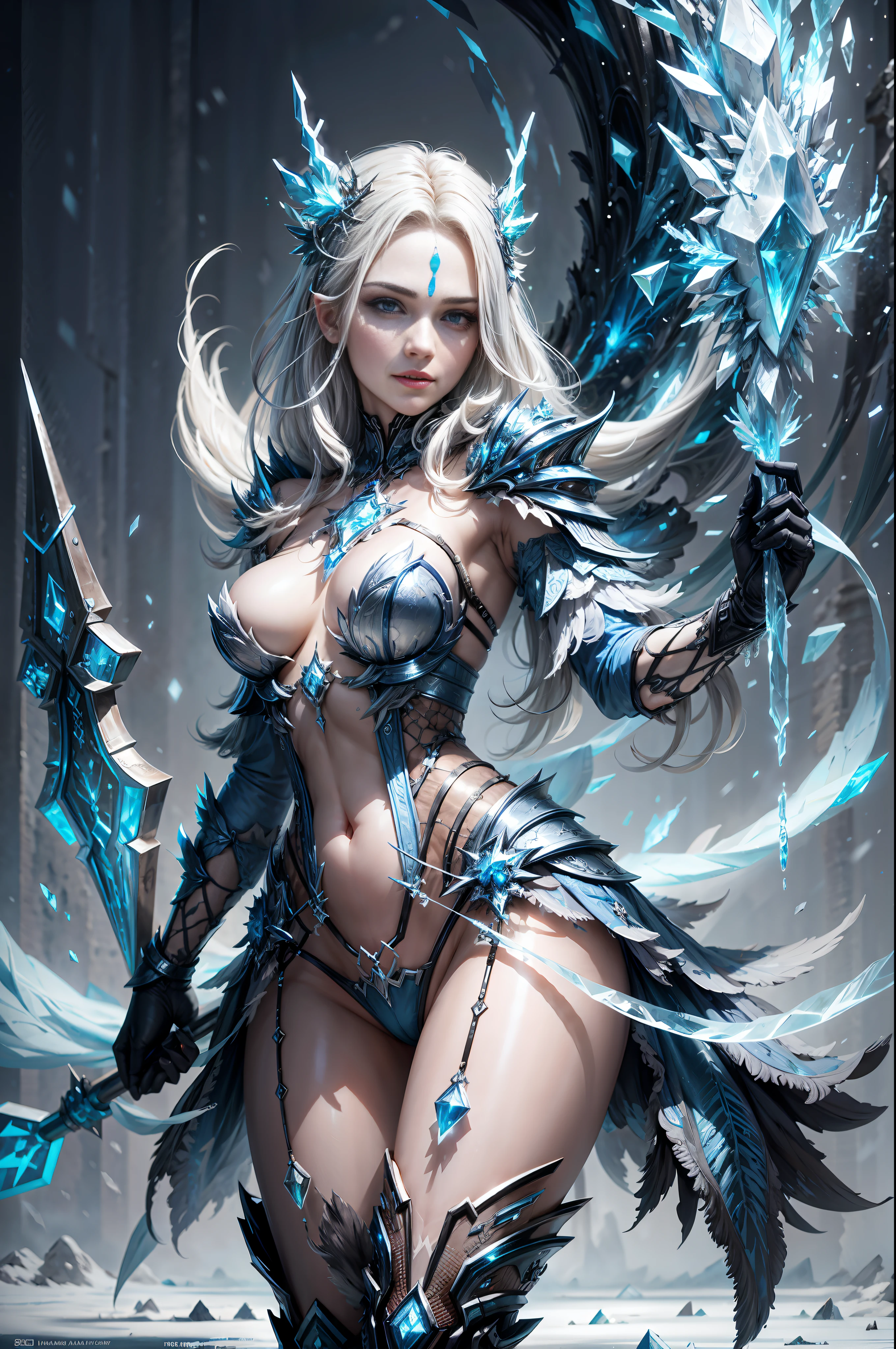 a beautiful demonic sorceress conjuring ice,standing and looking at viewers, various ice chains around her,(((detailed perfect face))),light smile, beautiful face, seductive body,tall body, mature body, BREAK frost aura, ice spear, lots of ice shard, blue and white ice shard dazzling around, small ice phoenix flying in the background, crystal and snow on the ground, blizzard, sexy body BREAK,Detailed,Realistic,4k highly detailed digital art,octane render, bioluminescent, BREAK 8K resolution concept art, realism,by Mappa studios,masterpiece,best quality,official art,illustration,ligne claire,(cool_color),perfect composition,absurdres, fantasy,focused,rule of thirds,