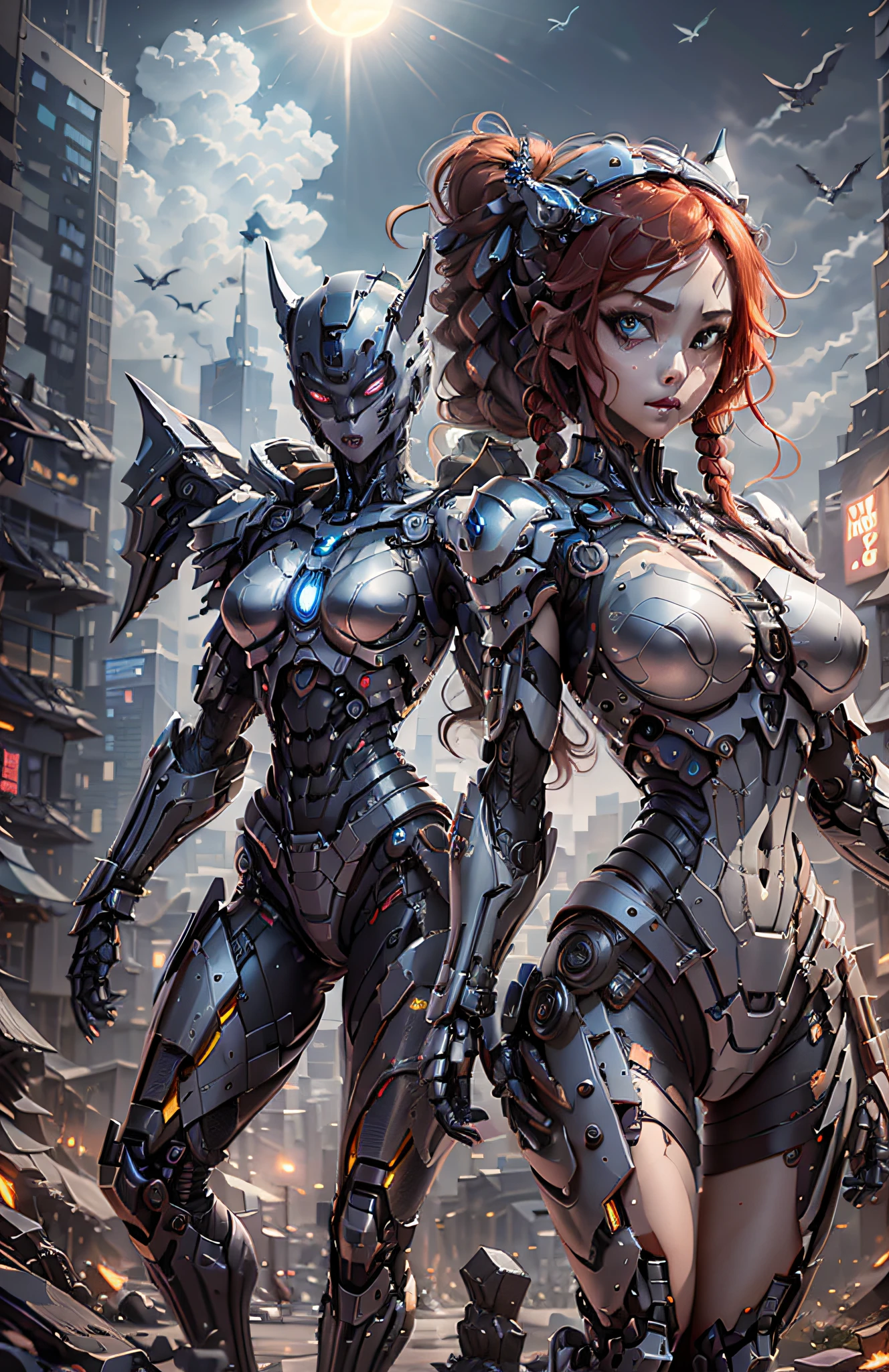 (Best Quality)), ((Masterpiece)), (Very Detailed: 1.3), 3D, Beautiful cyberpunk woman, batman cosplay, sci-fi technology, HDR (High Dynamic Range), ray tracing, nvidia RTX, super resolution, unreal 5, subsurface scattering, PBR texture, post-processing, anisotropic filtering, depth of field, maximum sharpness and sharpness, multi-layer texture, specular and albedo mapping, surface shading, accurate simulation of light-material interactions, perfect proportions, octane rendering, duotone lighting, low ISO, white balance, rule of thirds, wide aperture, 8K RAW, high efficiency subpixels, subpixel convolution, light particles, light scattering, Tyndall effect, very sexy bikini, full body, battle pose, red hair with braids, bats in the sky notuno, full moon,