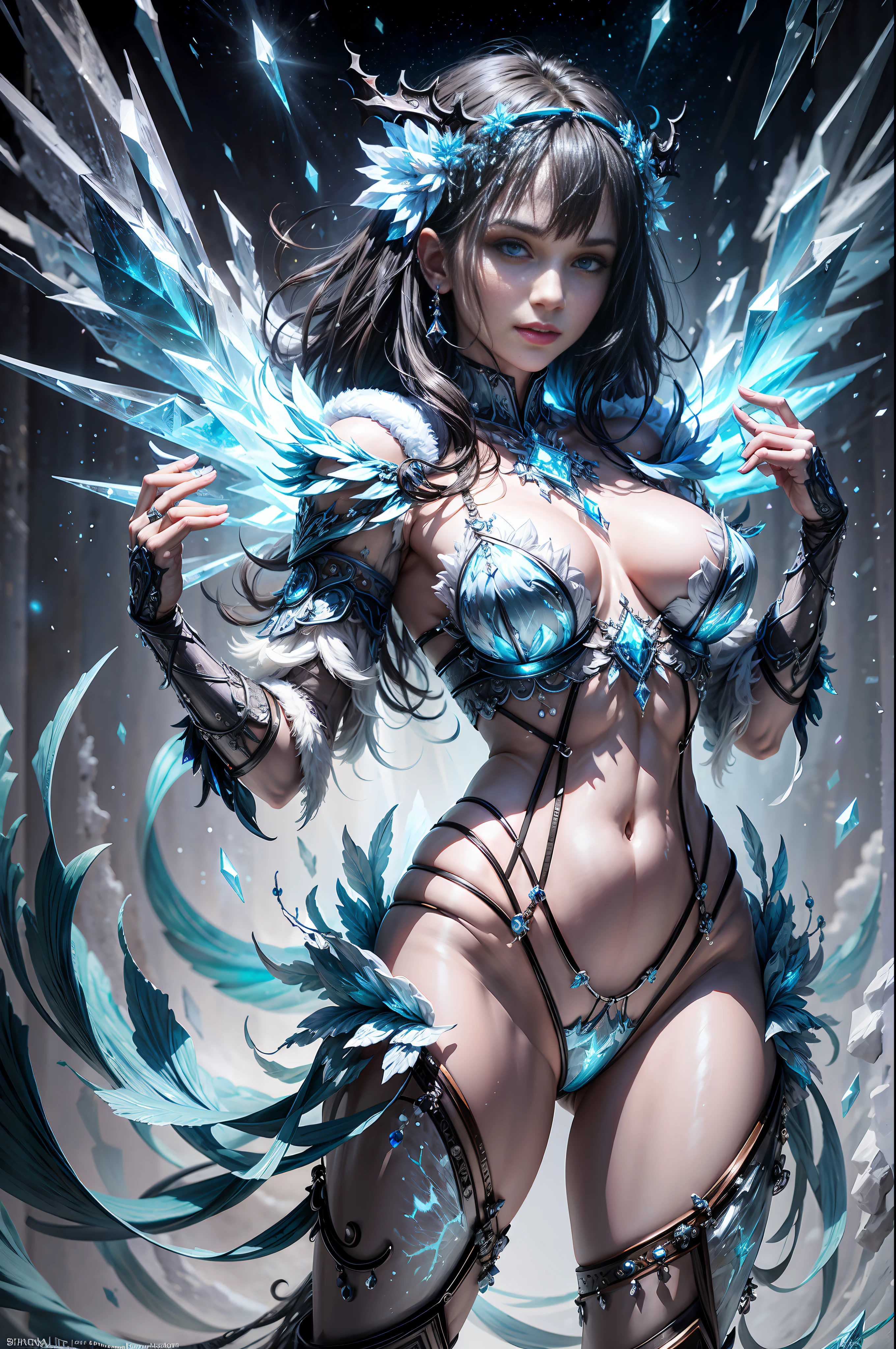 a beautiful demonic sorceress conjuring ice,standing and looking at viewers, various ice chains around her,(((detailed perfect face))),light smile, beautiful face, seductive body,tall body, mature body, BREAK frost aura, astral frost ball, blue and white ice shard dazzling around, small ice phoenix flying in the background, crystal and snow on the ground, blizzard, sexy body BREAK,Detailed,Realistic,4k highly detailed digital art,octane render, bioluminescent, BREAK 8K resolution concept art, realism,by Mappa studios,masterpiece,best quality,official art,illustration,ligne claire,(cool_color),perfect composition,absurdres, fantasy,focused,rule of thirds,