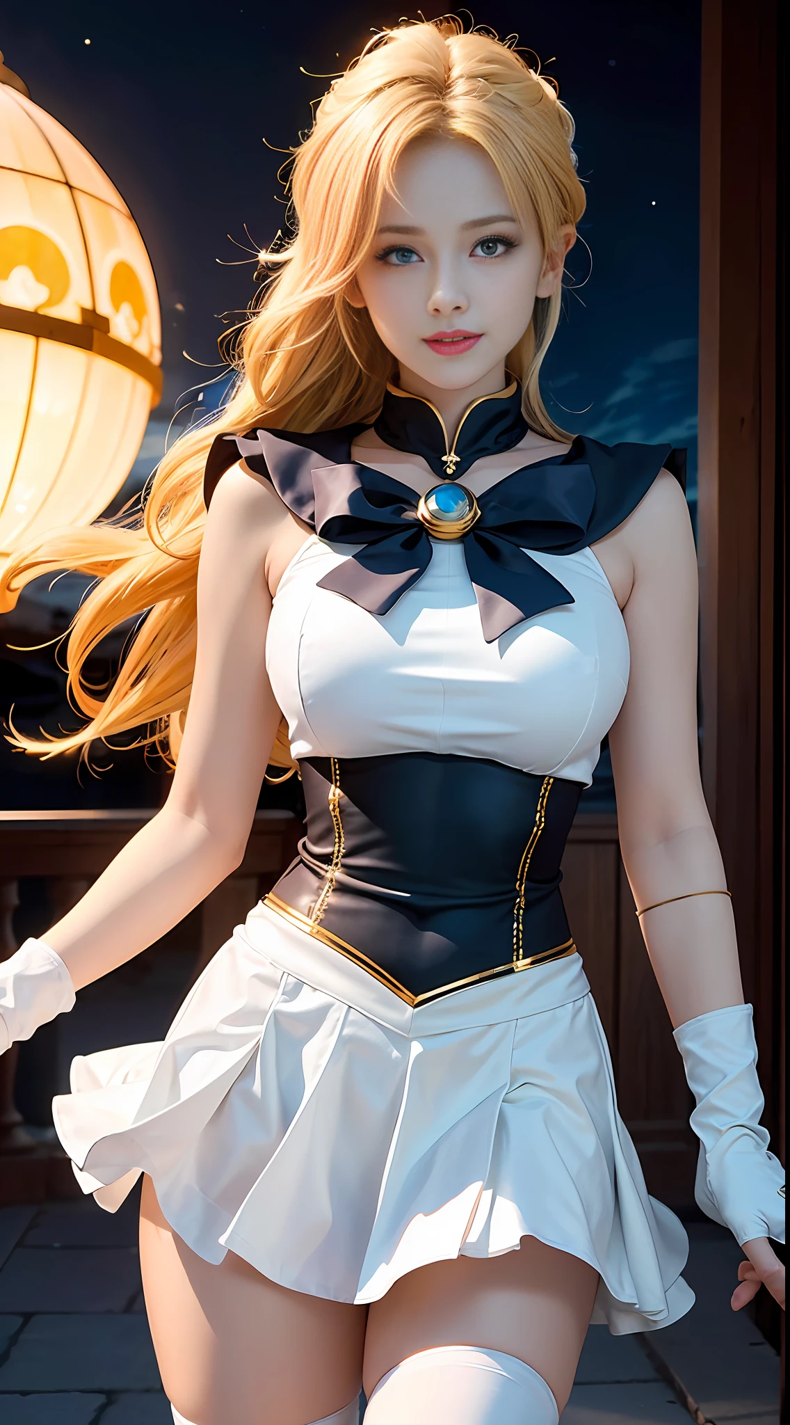 (CG Unity 8K wallpaper with extreme detail, masterpiece, highest quality), (exquisite lighting and shadow, highly dramatic picture, cinematic lens effect), (Sailor Moon: 1.1), charming smile, double tail, vibrant blue eyes, looking at the viewer with blond hair, white tight-fitting top, white gloves, mini skirt, dynamic pose), the background is the universe (excellent detail, excellent lighting, wide angle), (excellent rendering, enough to stand out in its class),