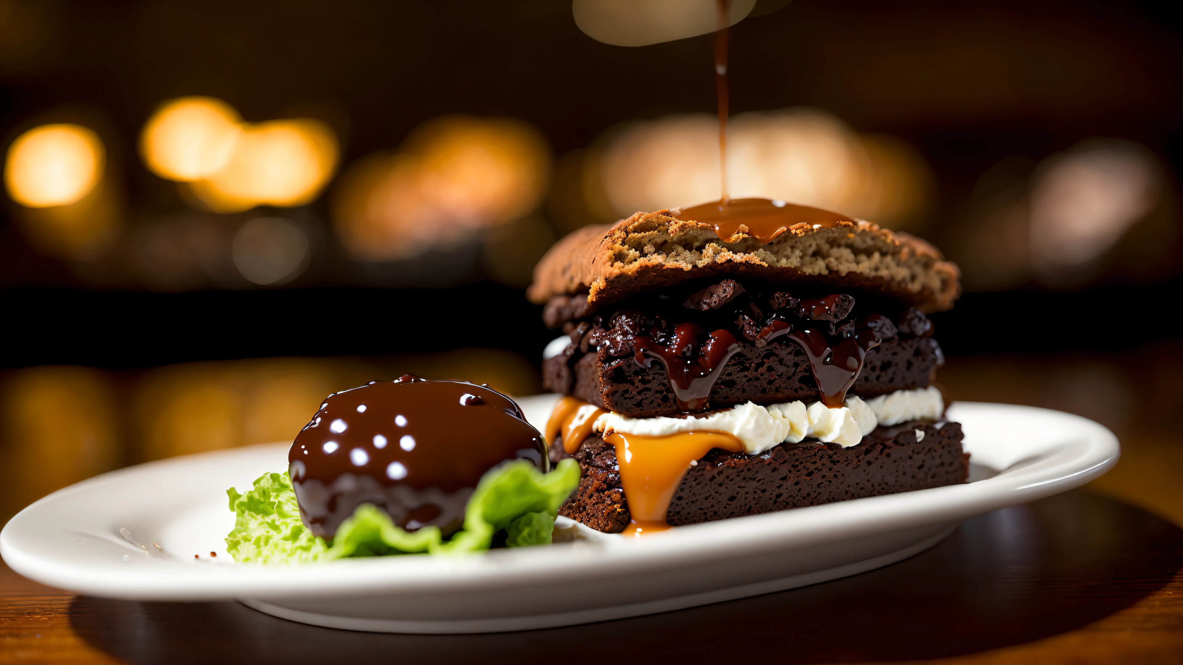 analog style, photorealistic, the most delicious bread topped with a black forest brownie, dripping chocolate sauce, and a caramel patty , lettuce, on a table in a cafe, dimly lit, light particles, haze, halation, bloom, dramatic atmosphere, centred, rule of thirds, 200mm 1.4f macro shot,