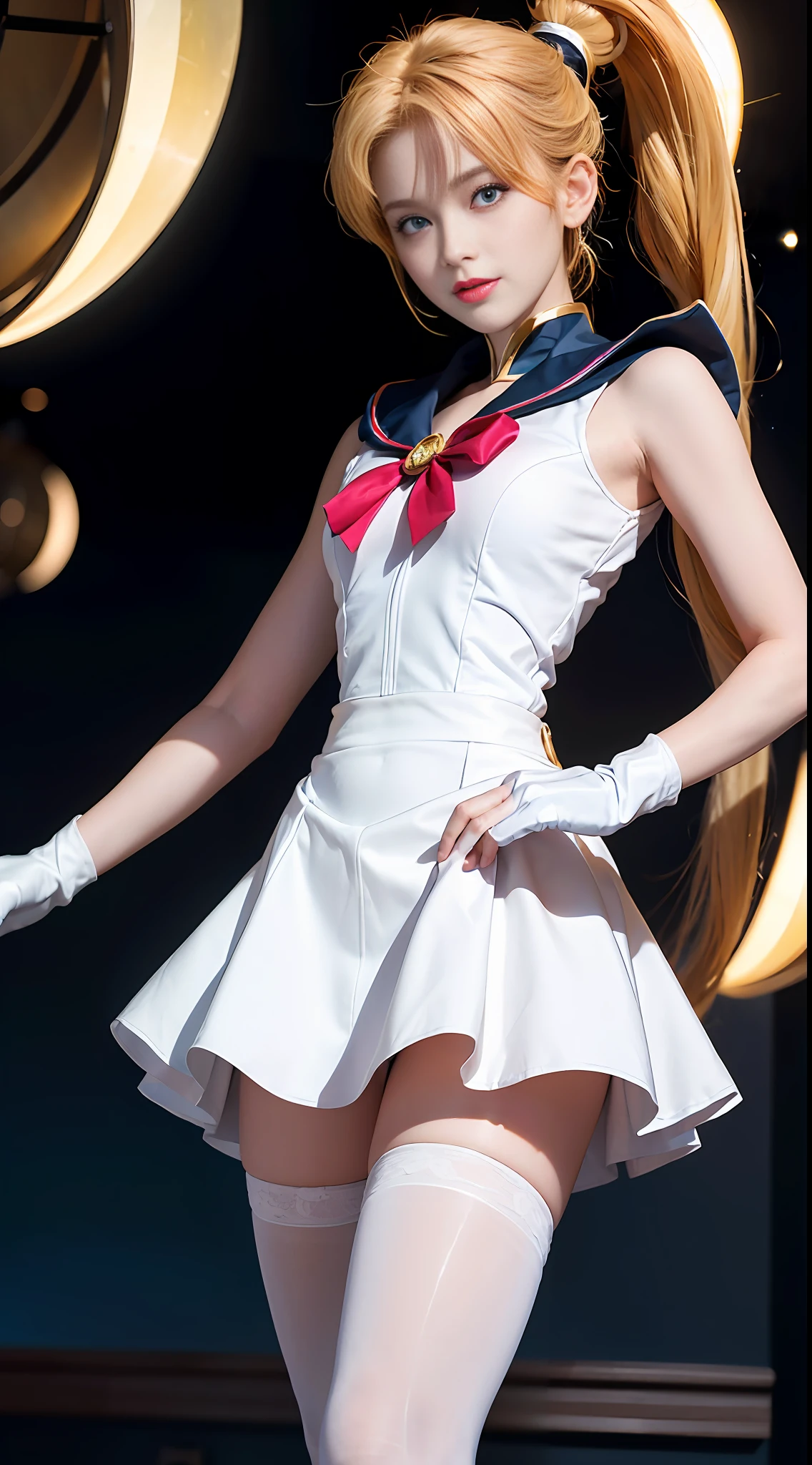 (CG Unity 8K wallpaper with extreme detail, masterpiece, highest quality), (exquisite lighting and shadow, highly dramatic picture, cinematic lens effect), (Sailor Moon: 1.1), charming smile, double tail, vibrant blue eyes, looking at the viewer with blond hair, white tight-fitting top, white gloves, mini skirt, dynamic pose), the background is the universe (excellent detail, excellent lighting, wide angle), (excellent rendering, enough to stand out in its class),