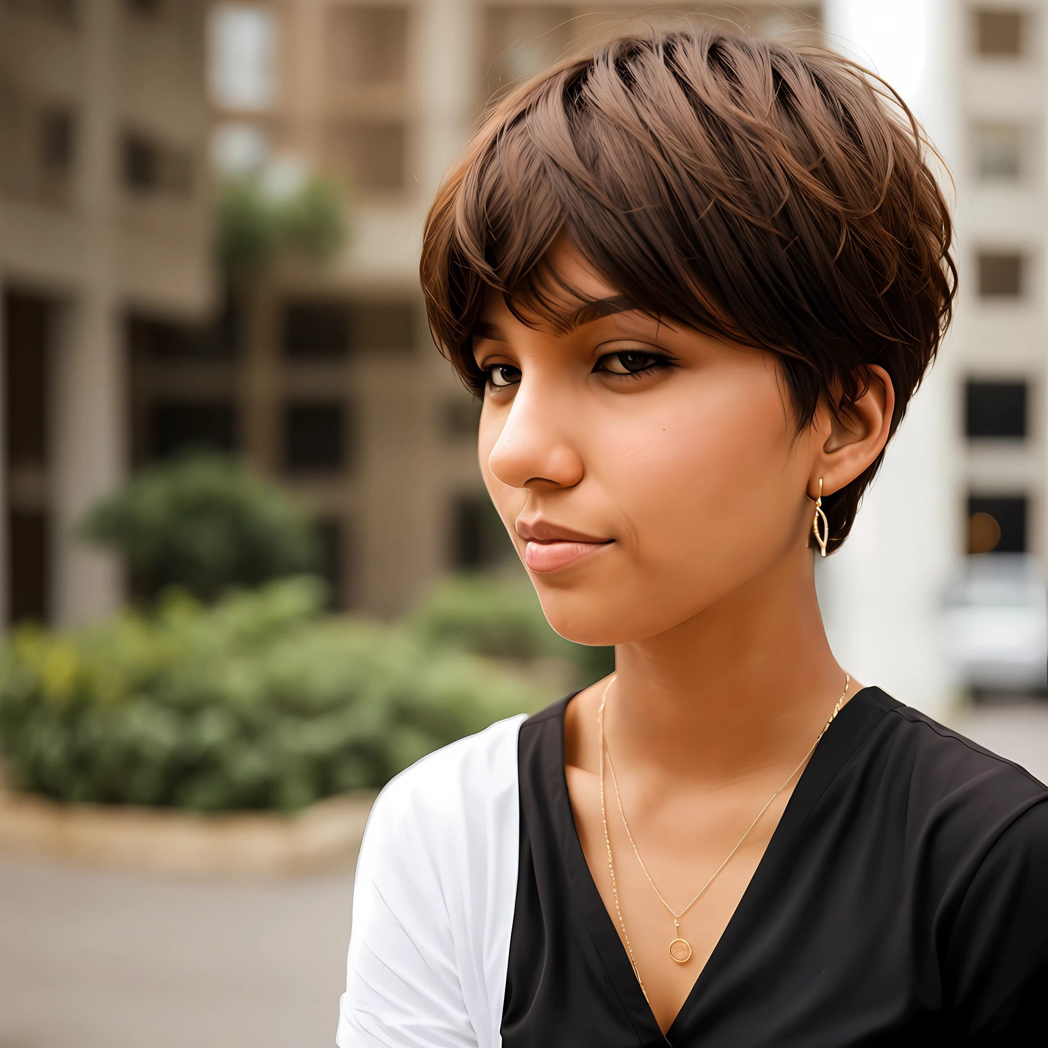 Caucasian woman brown skin, very short hair look very malicious.