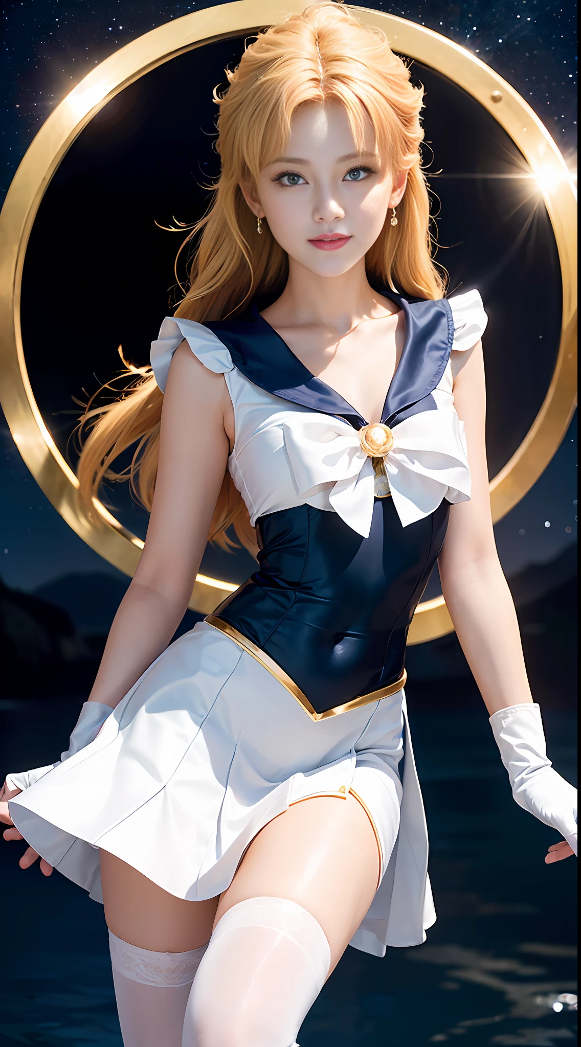 (CG Unity 8K wallpaper with extreme detail, masterpiece, highest quality), (exquisite lighting and shadow, highly dramatic picture, cinematic lens effect), (Sailor Moon: 1.1), charming smile, double tail, vibrant blue eyes, looking at the viewer with blond hair, white tight-fitting top, white gloves, mini skirt, dynamic pose), the background is the universe (excellent detail, excellent lighting, wide angle), (excellent rendering, enough to stand out in its class),