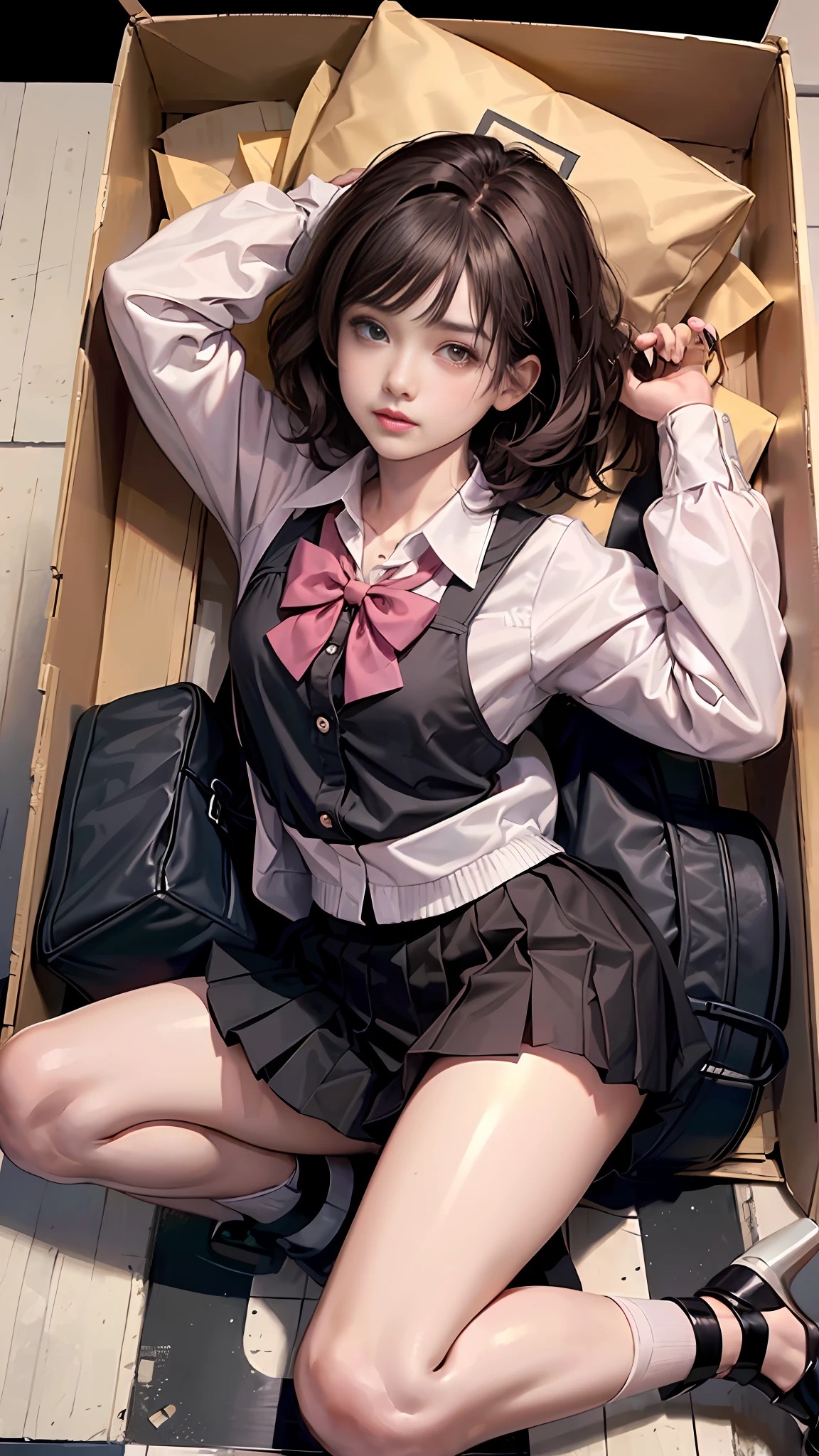 (a girl with short brown hair black miniskirt curled up in box: 1.5), girl in box, (top view: 1.3), knees up, legs bent, full body, JK uniform, long legs, (masterpiece), (best quality), realistic, cinematic light, cool pose, perfect figure, high heels, pink longsword in hand,