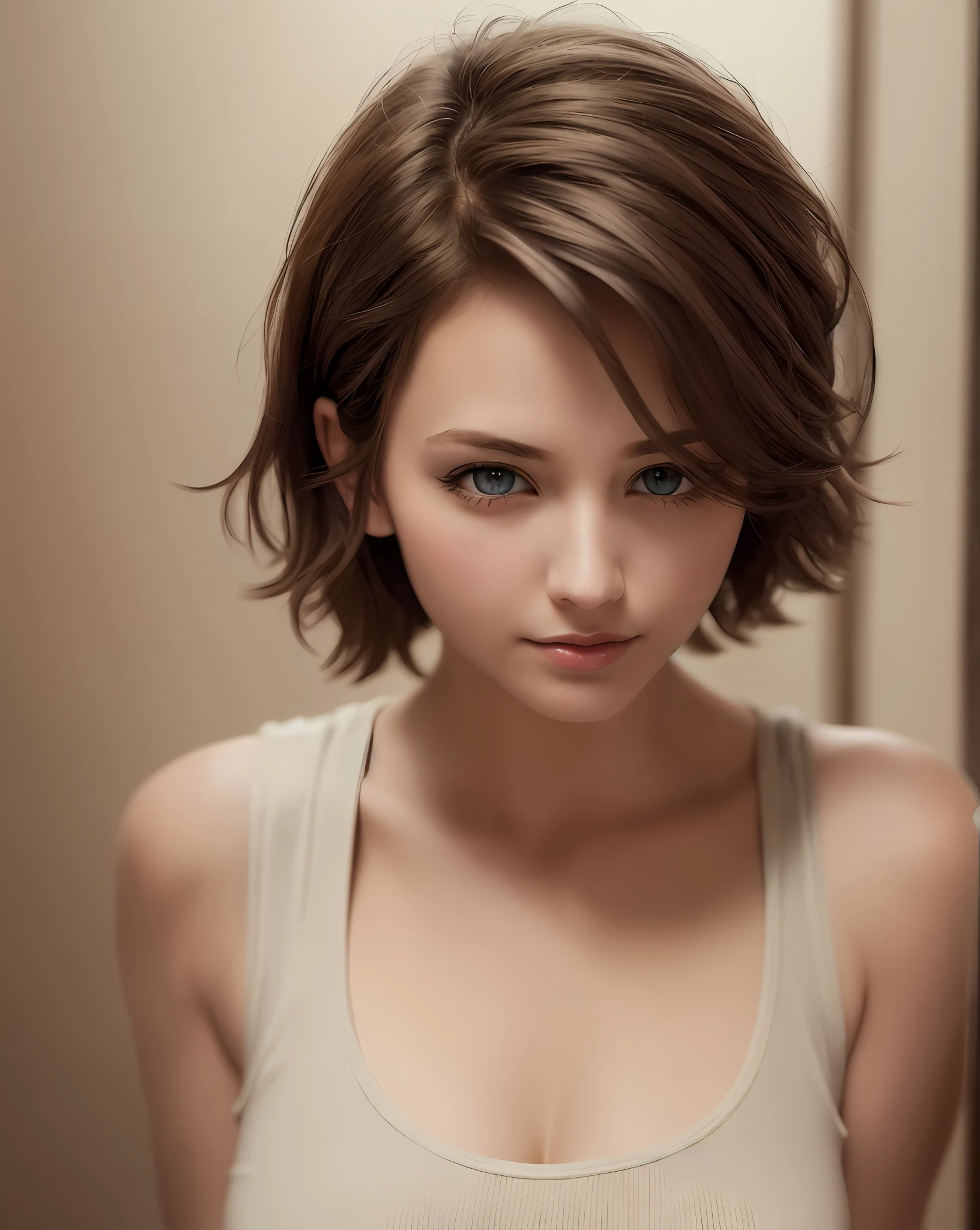 Best Quality, Ultra High Resolution, (Photorealistic: 1.4), Beautiful Eyes, Super Beautiful, Very Short Hair, Beautiful, Sweetheart, T-shirt with Rough Chest, Beautiful Soldier, Eyes That Invite Viewer, Lover's Perspective, Inviting Expression, Sexy Smile, Perfect Style, Perfect Balance, Detailed Skin, Naughty Gaze, Chest Visible