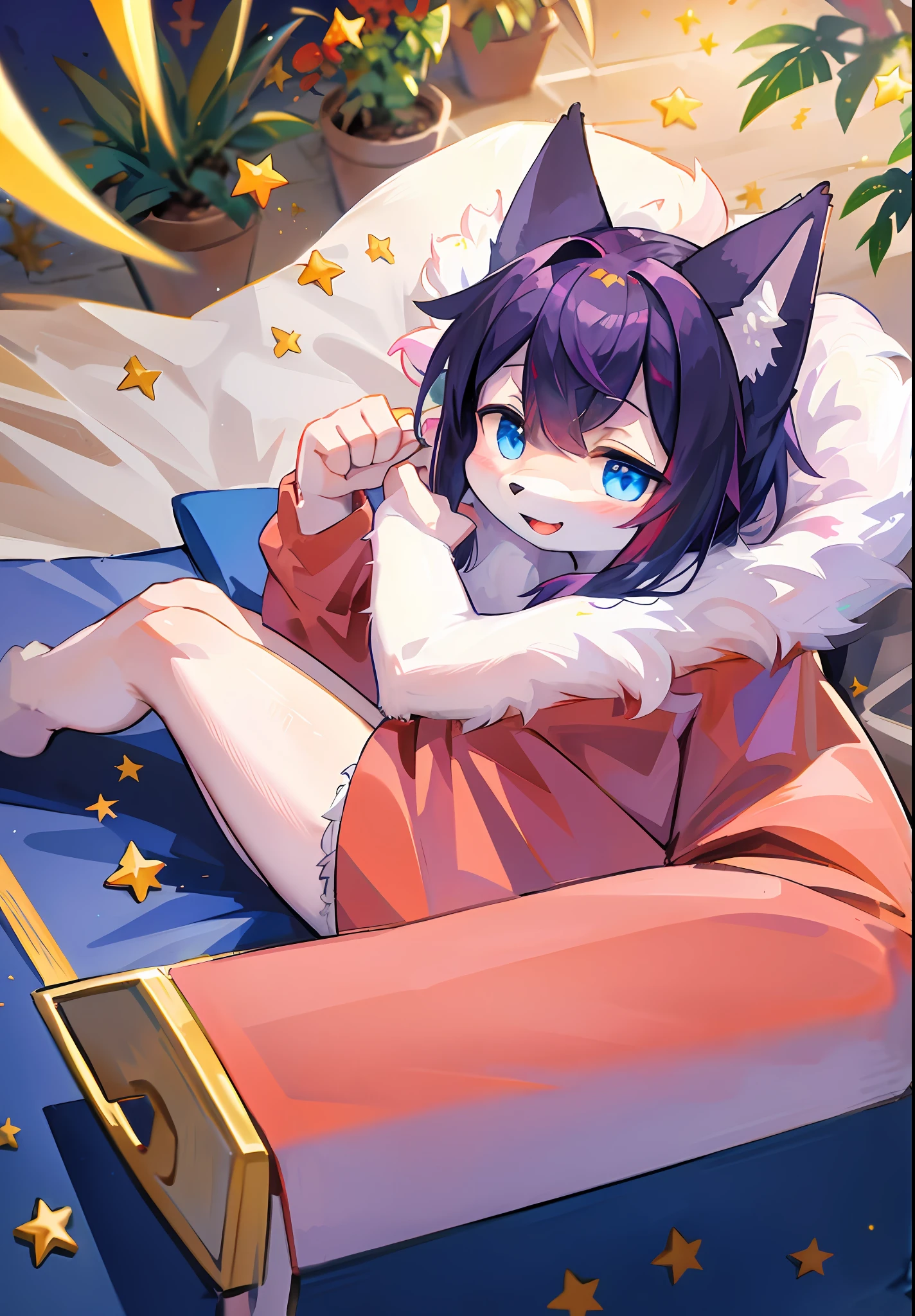 (masterpiece:1.3), (2D:1.0), (anime:1.0), (illustration:1.0), (sharp:1.2), (hard light:1.0), (shadow:1.0),(reflection, refraction:0.8), (light, dappled light, glare, lens flare, Tyndall effect: 1.0), (sharp, shiny: 1.0), (Best Quality: 1.2), (Ultra Fine: 1.0), (Extremely Complex: 1.0), (Blurred foreground, Cinematic Light, Ray Tracing: 1.1), (bright_colors, dark_intense_shadows: 1.1), (Impasto, Colorful: 1.2), (warm_light_from_below, glow_white_ particles:1.1),(Ensemble_Stars! _\(style\):0.95). wolf_boy,anthro,uploaded_on_e621,solo,upper_body,cowbow_shot,male_focus,furry_kemono,furry_male,cub,young_male,bishounen,_yeld,kaw,cute,fancy,fragile,cool, handsome. detailed_fluffy_fur,tuft,(white_fur,body_fur,oil_skin,skin_with_fluffy_fur:1.3),animal_nose,animal_ear_fluff,fluffy_paws,pawpads,animal_hand,fluffy_big_tail。 , double figure, fully nude, (pink clothes, clothes printed with red pixel square pattern. (pink hooded cape purple wolf pattern, black hoodie: 1.5), short male hair, pink hair, dark blue star eyes, closed eyes, bangs, dull hair, open mouth, smile, light blush, red pixel squares floating beside him, hands raised, holding coke, blue metal leg rings on the thigh of the right leg are short, bottomless, (lying down: 1.2), looking ahead to the left. (night, starry_sky, crescent_moon, star_\(sky\), gem, plant, star_\(symbol\), sparkle), lying on the bed in the bedroom