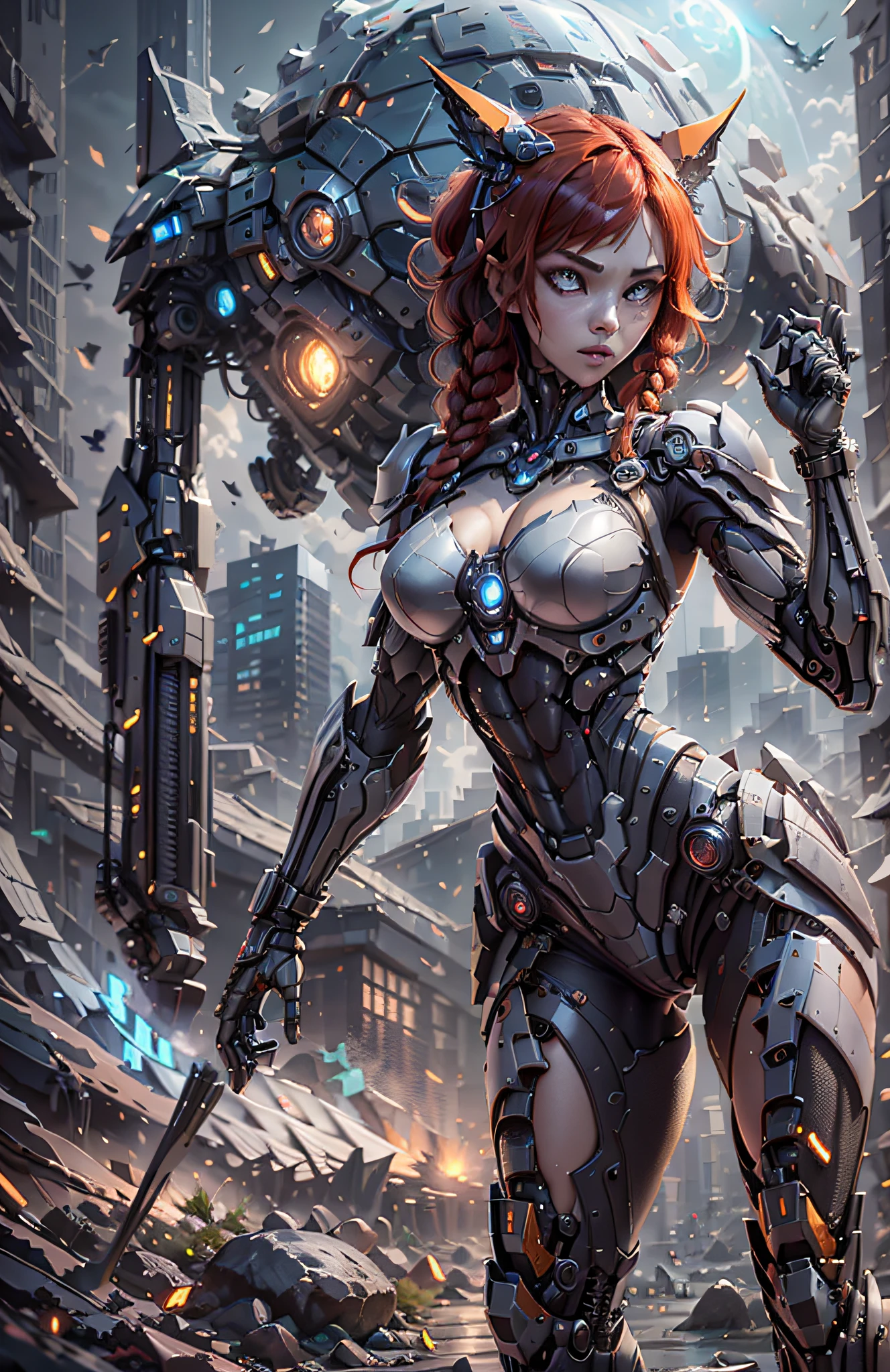 (Best Quality)), ((Masterpiece)), (Very Detailed: 1.3), 3D, Beautiful cyberpunk woman, batman cosplay, sci-fi technology, HDR (High Dynamic Range), ray tracing, nvidia RTX, super resolution, unreal 5, subsurface scattering, PBR texture, post-processing, anisotropic filtering, depth of field, maximum sharpness and sharpness, multi-layer texture, specular and albedo mapping, surface shading, accurate simulation of light-material interactions,  perfect proportions, octane rendering, duotone lighting, low ISO, white balance, rule of thirds, wide aperture, 8K RAW, high efficiency subpixels, subpixel convolution, light particles, light scattering, Tyndall effect, very sexy bikini, full body, battle pose, red hair with braids, bats in the sky notuno, full moon,