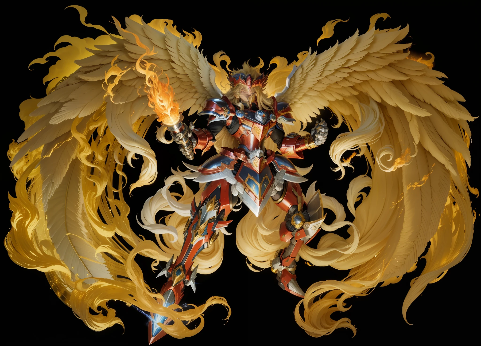 Yugioh angel in armor with wings made of sacred fire with face of iron lion with mane on fire