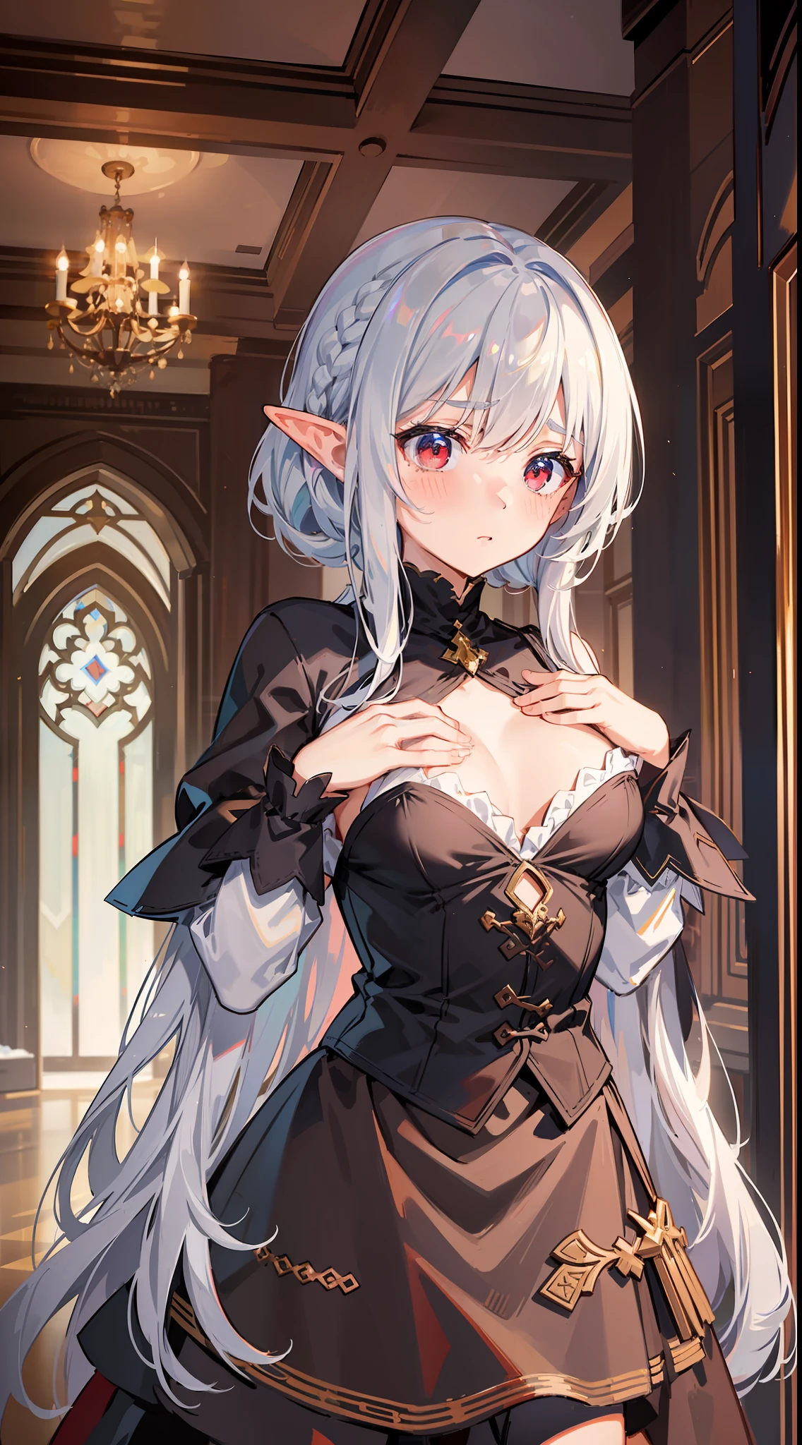 ((Putting his hands on his chest)), ((surprised)), ((looking down)), (blush), 1girl, elf, silver hair, red eyes, braided hair, bob cut, fantasy style costume, wizard, ruffles, , long skirt, tights, black cloak, modern style room, flooring, rubbing your own breascept art, beautiful anime scene, beautiful anime scenery, Top Quality, ((Masterpiece))