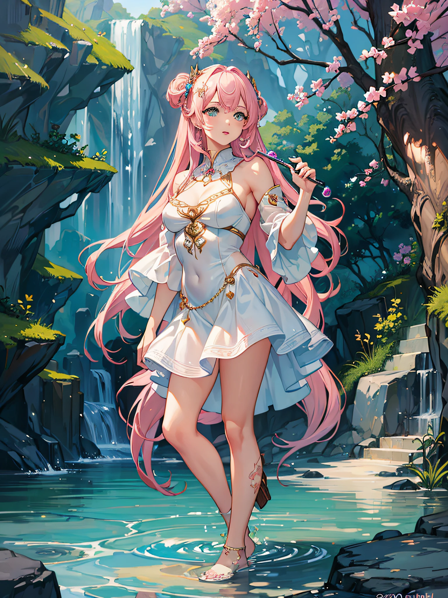 (best quality:1.33), (masterpiece:1.42), (realistic:1.24), (detailed:1.15), 1girl, sexy goddess, pink hair, standing on water, pastel colors, dazzling world of gods background