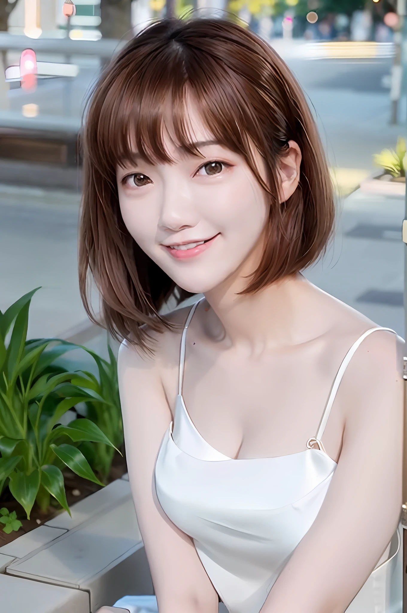 best quality, photorealistic, masterpiece, 8k, high res, solo, 1girl, (((woman))), (medium breast), ((looking at the viewer)), (looking at the camera), boy friend view, (short hair), ponytail, (professional lighting, bokeh), extremely detailed face,  fashionable and trendy atmosphere, taiwan, park, ((daytime)), (blouse :1.5), dress,   (portrait:0.6), seductive smile,  gorgeous, floating hair, (light particles, lens flare, glowing particles:0.6), (dynamic pose:1.1), soft lighting, brown hair,  (model figure:1), standing,  (obvious mole under eye:1.2), (smile folds:0.8), (mature face:1), teeth, narrow face,