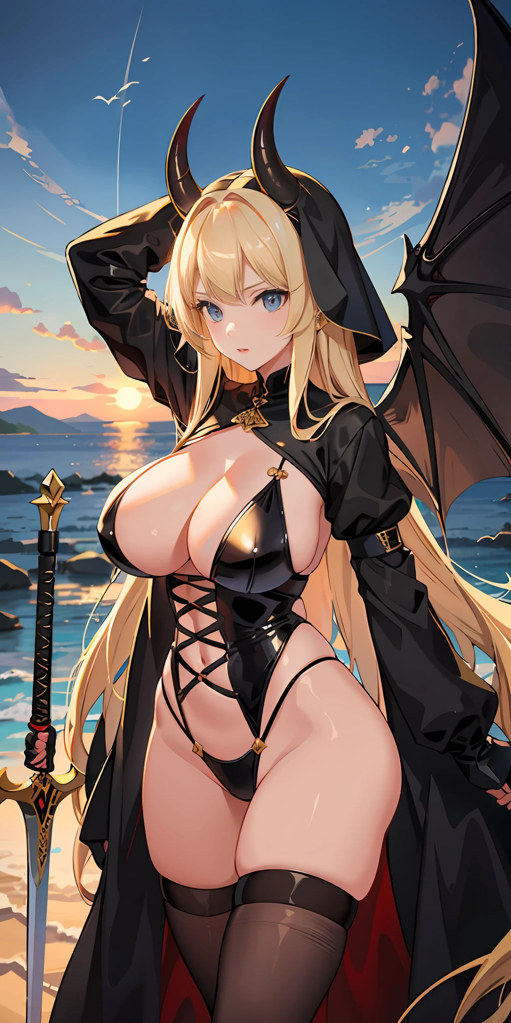 1girl, blonde hair, bondage, nun, black silk, big breasts, big demon spreading wings, huge demon horn, big sword, looking at the sunset in the distance