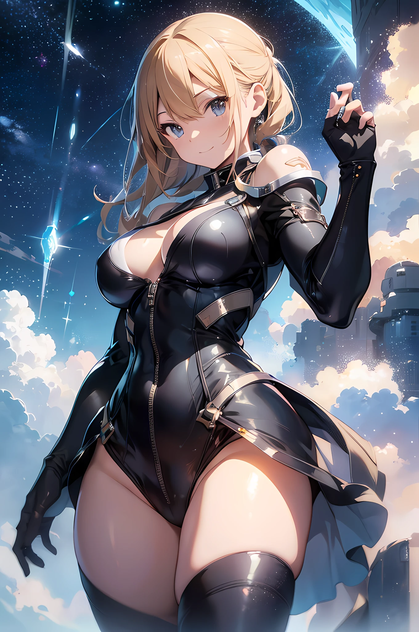 Sci-fi concept art, upper body image, character design, a beautiful spaceship splash oil painting background, Ultimately Masterpiece, Best quality, Ultra-detailed, Ultra-realistic, Hyper realistic concept, 8K resolution concept art intricately detailed, insanely detailed, hyper detailed splash oil painting and 3d render complex, 3d render ultra detailed of a beautiful porcelain Front waifu face, Luxury Beautiful waifu Style, Extremely baby smile, Fantasy waifu, dressed in a gorgeous bodysuit, Gorgeous long straight blonde hair, nice perfect face with soft fair skin perfect face, Attractive full body proportions, Attractive posing, Luxury Fashion, ultra sharp image, centered image, trending on Artstation, trending on pixiv, (WLOP, Artgerm, Krenz Cushart, Makoto Shinkai, Masakazu Katsura, Tatsuo Sato), 8 life size, bokeh, clean brush stroke, human hands, detailed hands, looking the viewer, facing the viewer, unreal engine, octane render, digital painting.